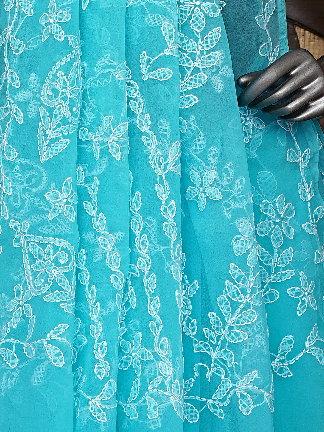Ada Hand Embroidered Blue Georgette Lucknowi Chikankari Saree With Blouse 01A934754