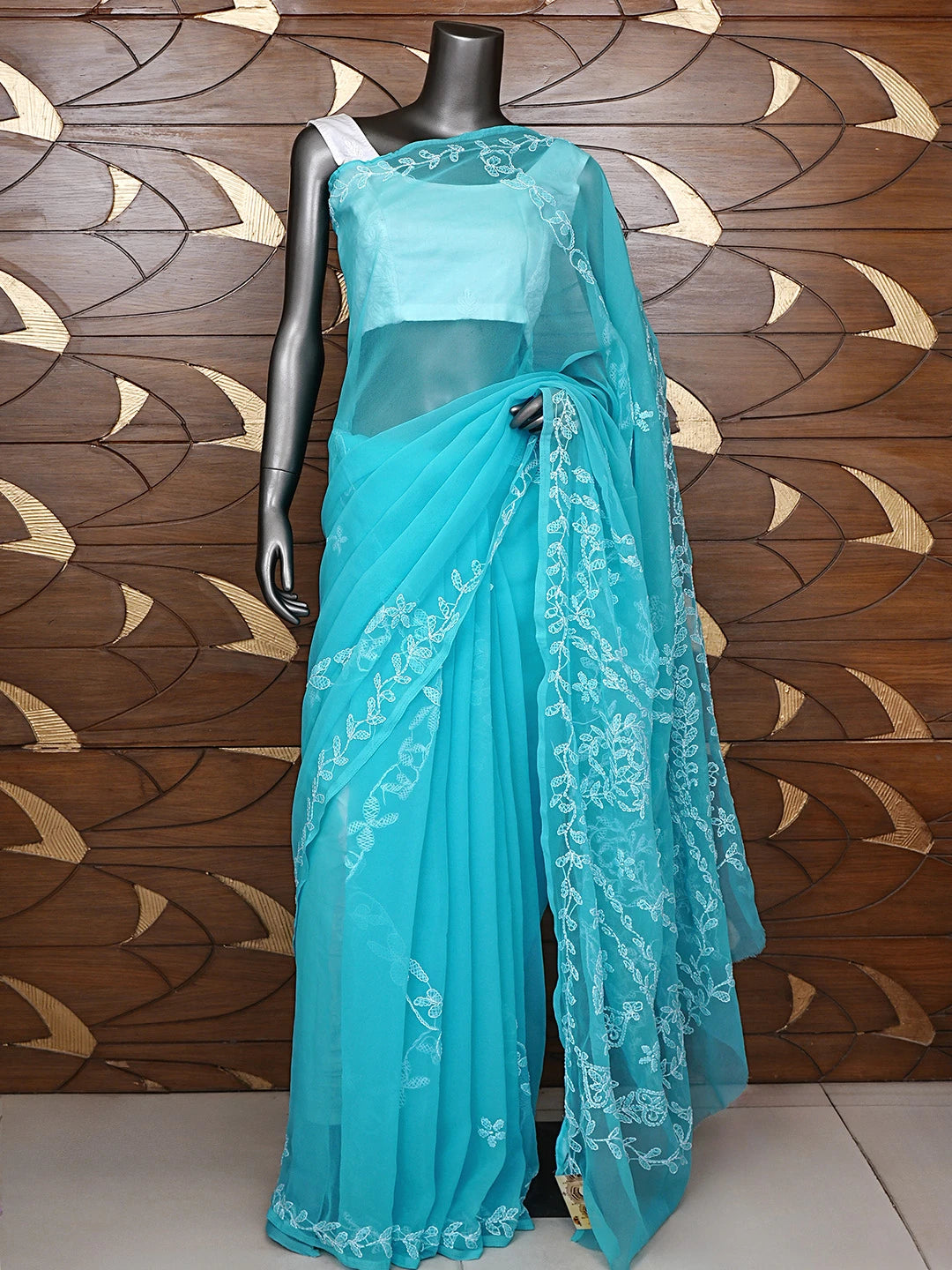 Ada Hand Embroidered Blue Georgette Lucknowi Chikankari Saree With Blouse 01A934754
