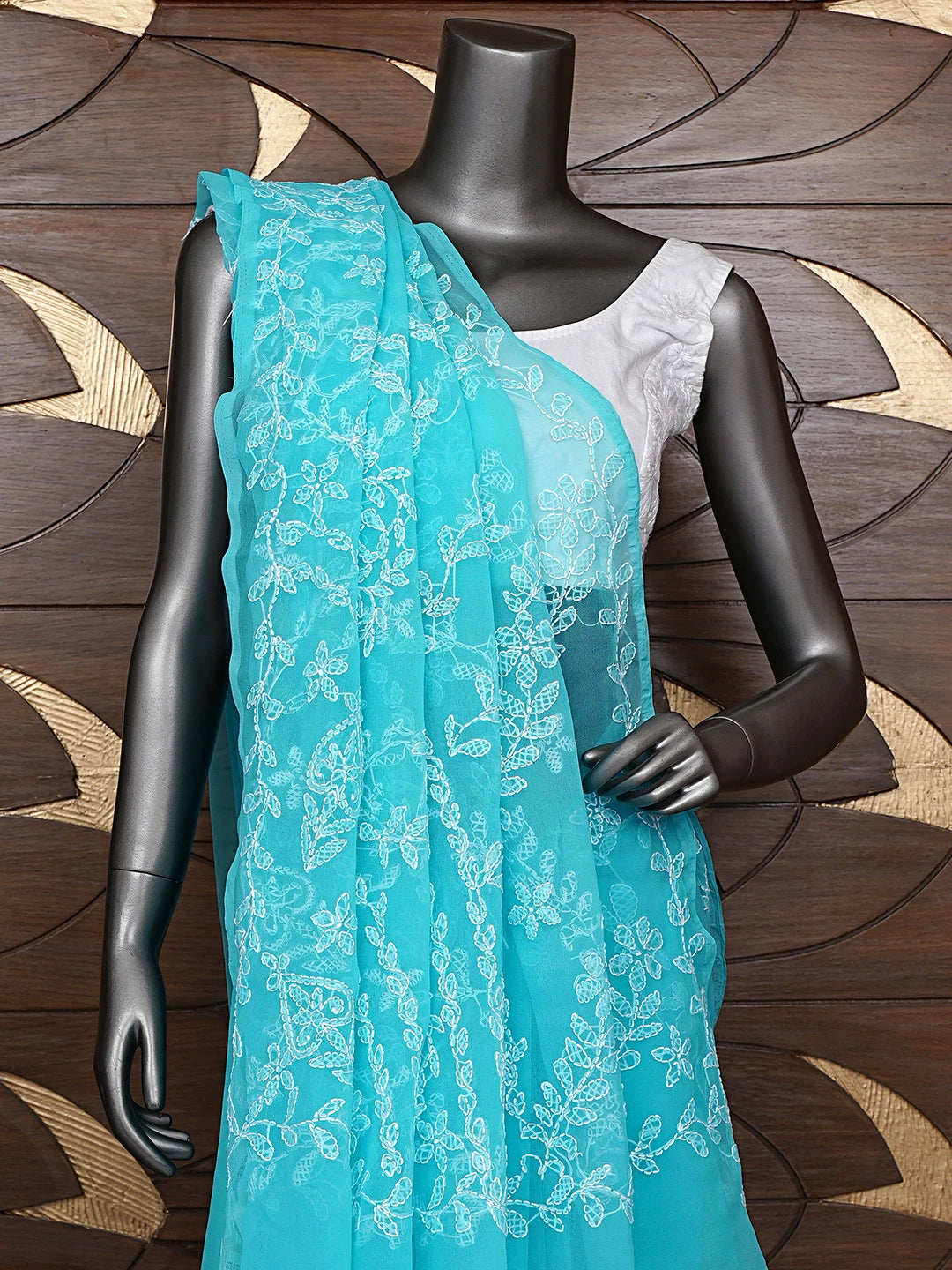 Ada Hand Embroidered Blue Georgette Lucknowi Chikankari Saree With Blouse 01A934754