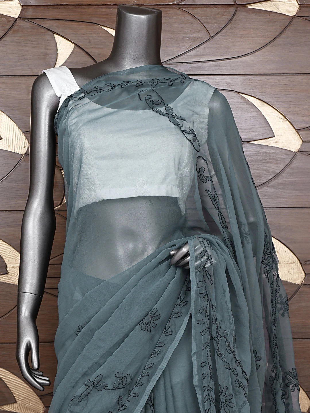 Ada Hand Embroidered Dark Slate Grey Georgette Lucknowi Chikankari Saree With Blouse 01A935199