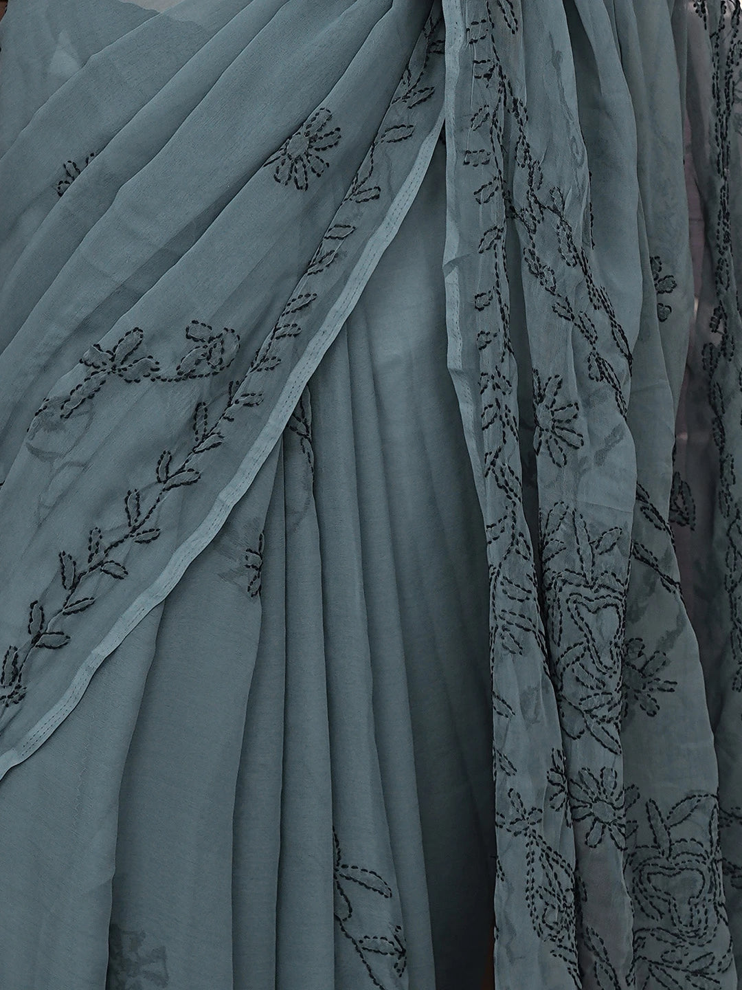 Ada Hand Embroidered Dark Slate Grey Georgette Lucknowi Chikankari Saree With Blouse 01A935199