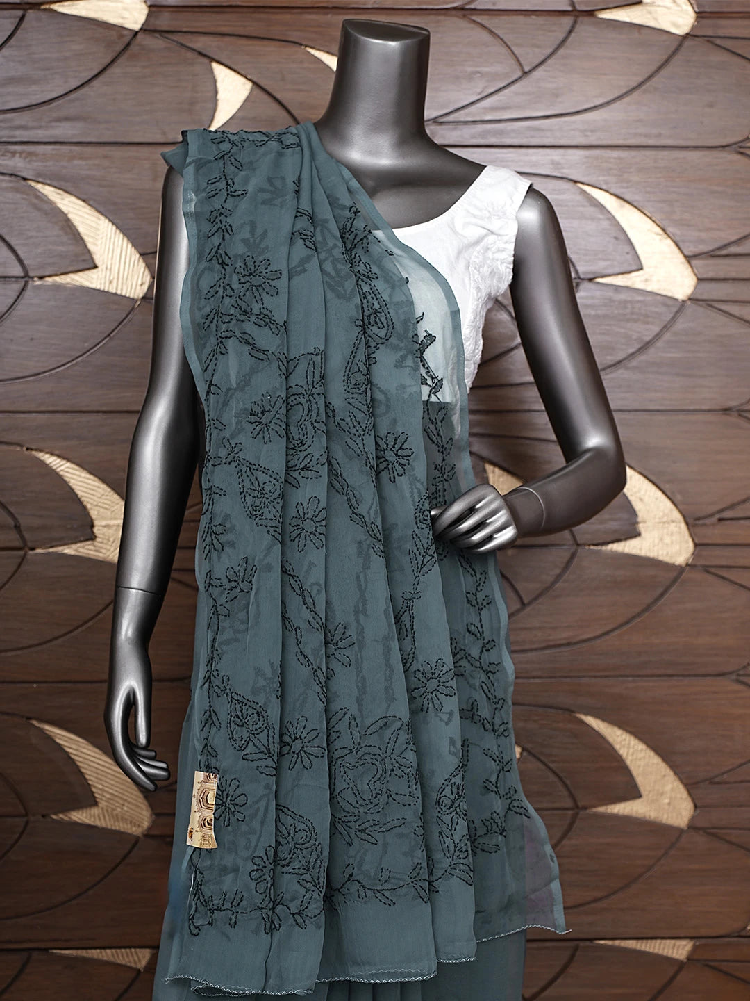 Ada Hand Embroidered Dark Slate Grey Georgette Lucknowi Chikankari Saree With Blouse 01A935199