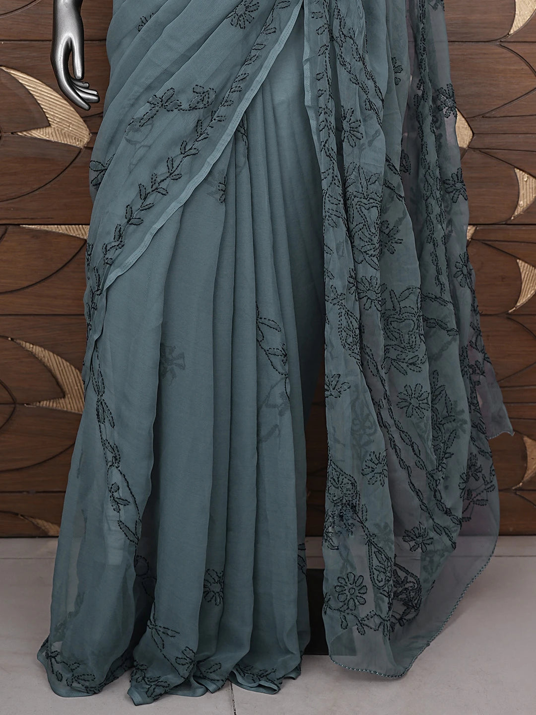 Ada Hand Embroidered Dark Slate Grey Georgette Lucknowi Chikankari Saree With Blouse 01A935199