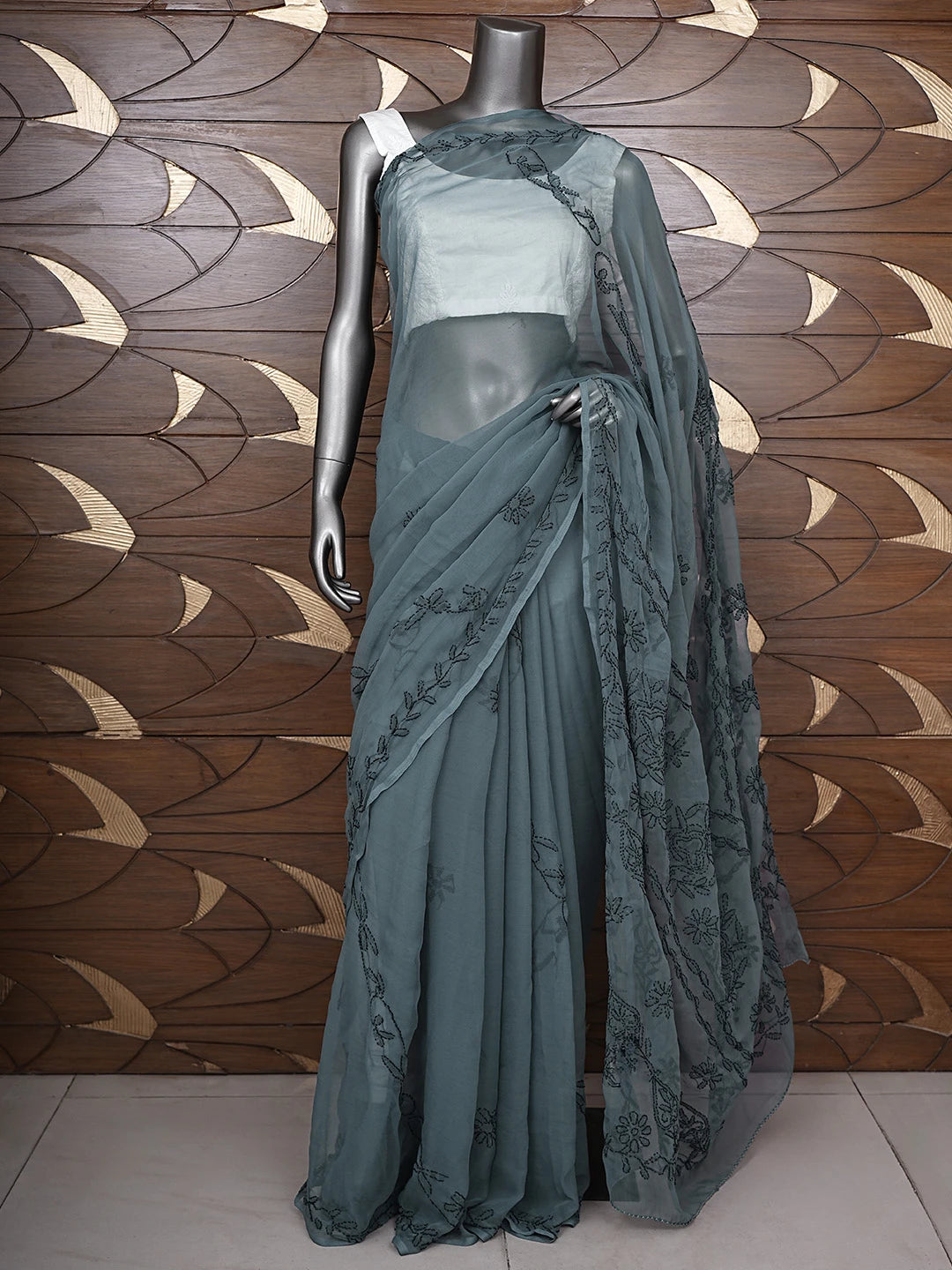 Ada Hand Embroidered Dark Slate Grey Georgette Lucknowi Chikankari Saree With Blouse 01A935199