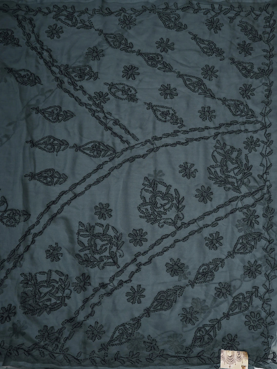 Ada Hand Embroidered Dark Slate Grey Georgette Lucknowi Chikankari Saree With Blouse 01A935199