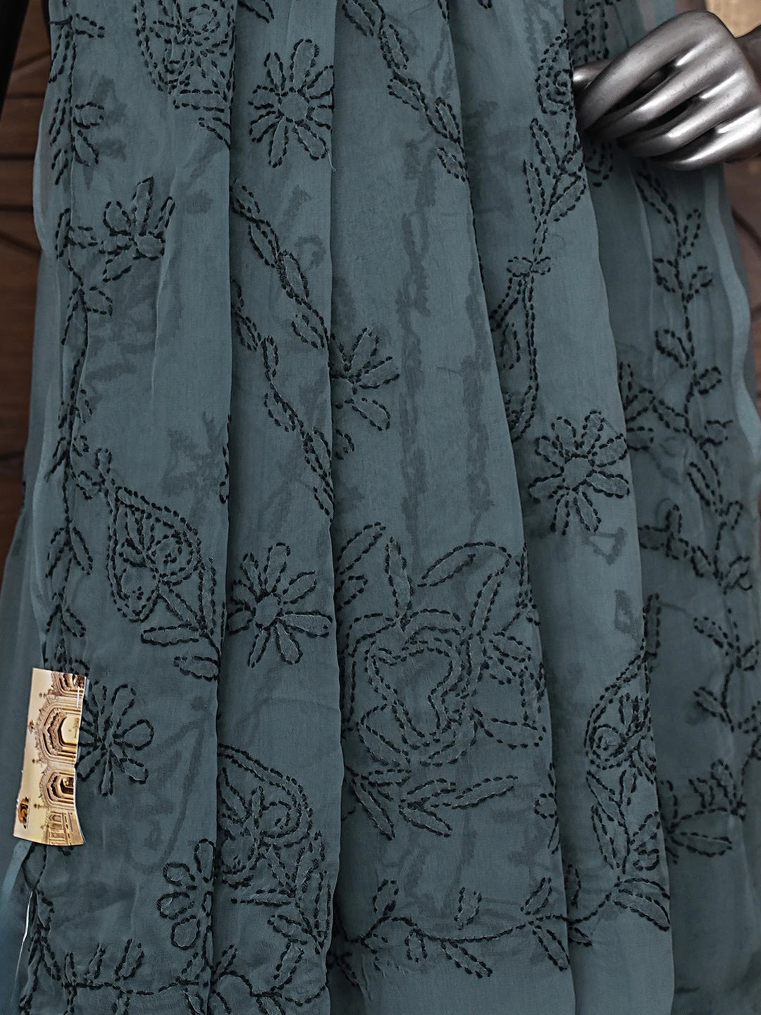 Ada Hand Embroidered Dark Slate Grey Georgette Lucknowi Chikankari Saree With Blouse 01A935199