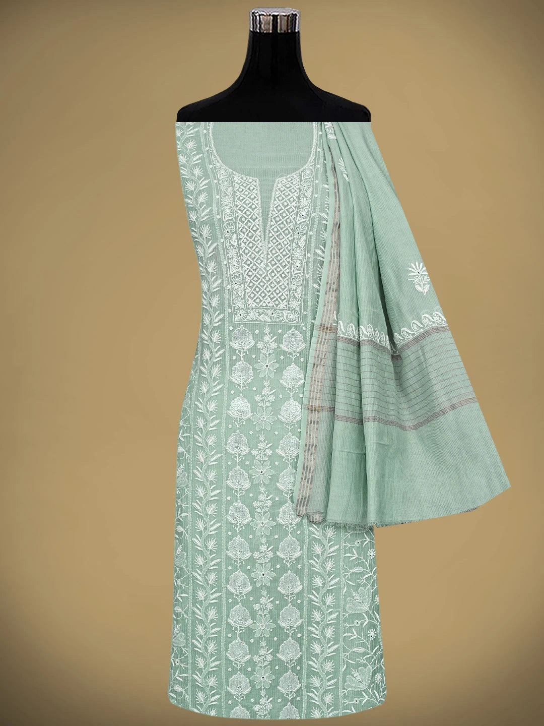 Ada Hand Embroidered Sea Green Chanderi Lucknowi Chikankari Unstitched Kurta Dupatta Set With Cutdana Work 01A934925