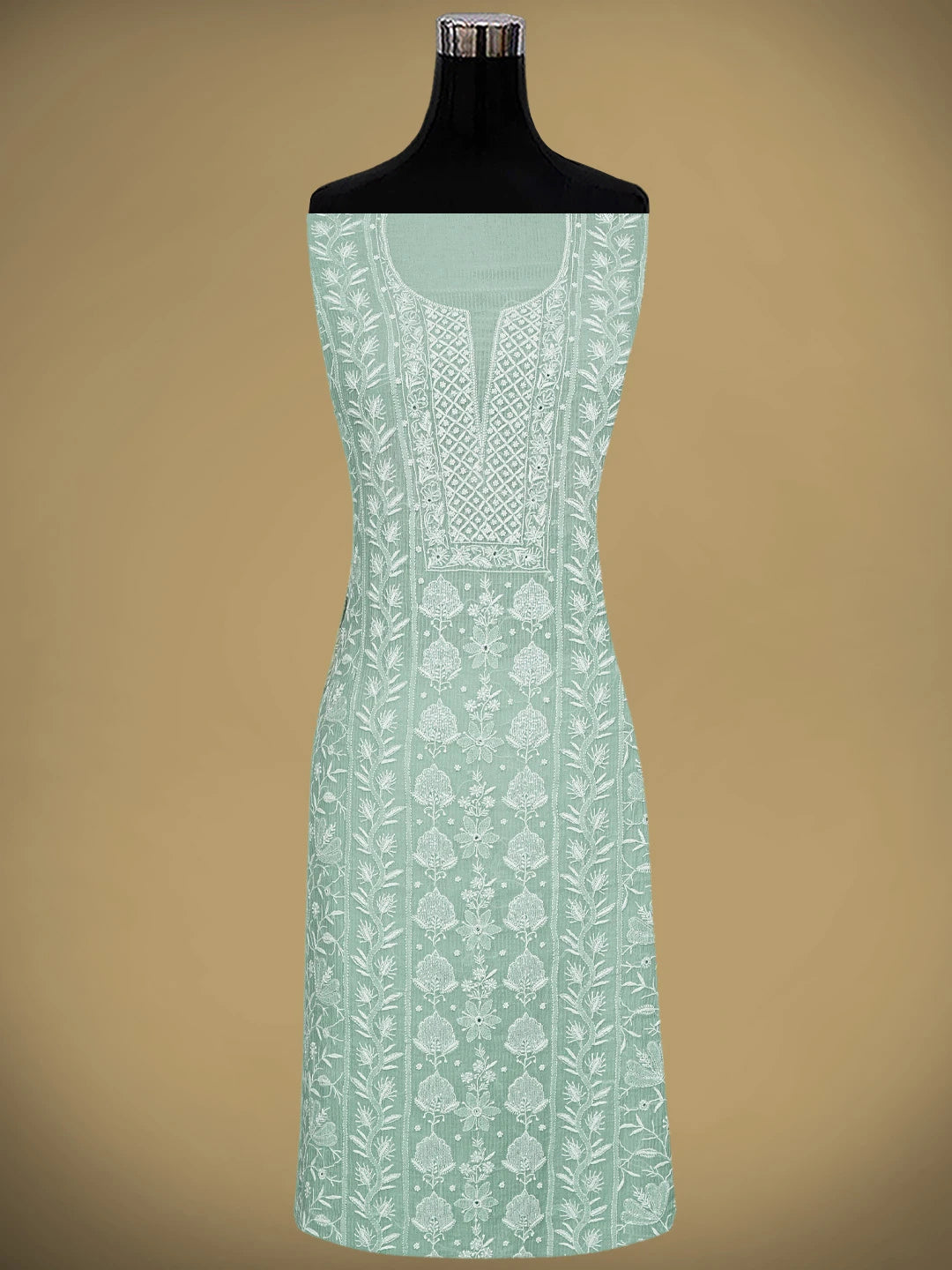 Ada Hand Embroidered Sea Green Chanderi Lucknowi Chikankari Unstitched Kurta Dupatta Set With Cutdana Work 01A934925