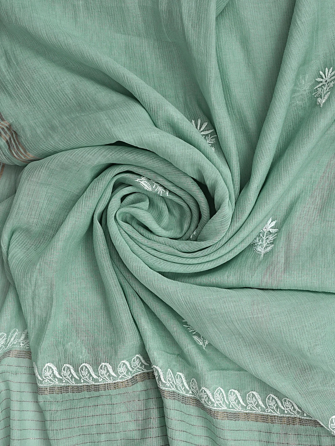 Ada Hand Embroidered Sea Green Chanderi Lucknowi Chikankari Unstitched Kurta Dupatta Set With Cutdana Work 01A934925