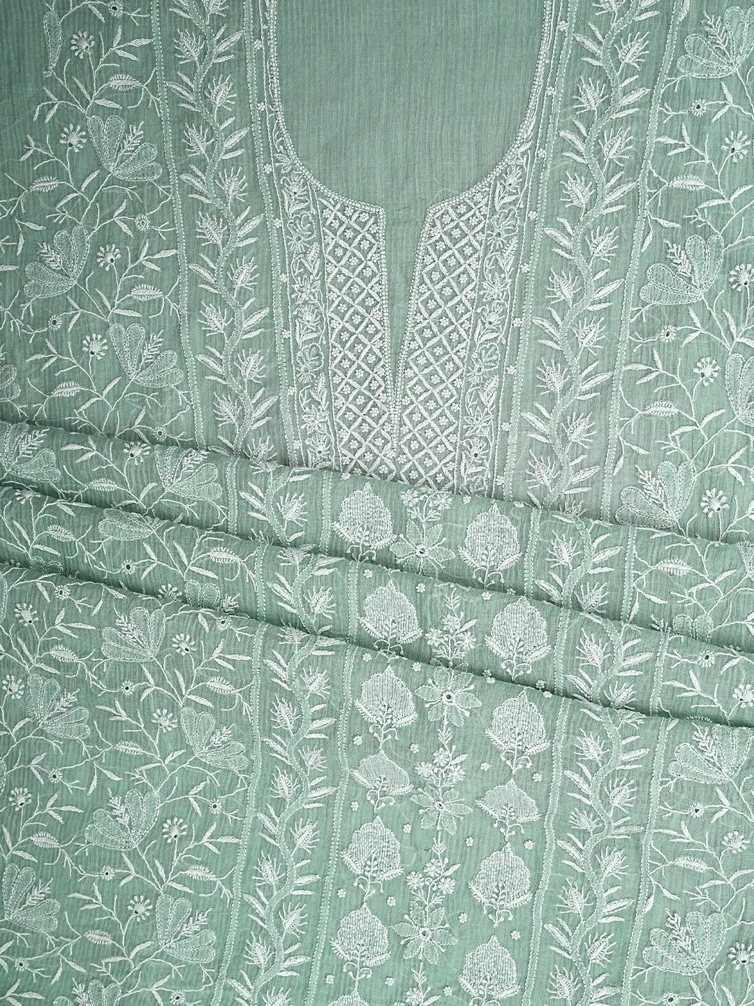 Ada Hand Embroidered Sea Green Chanderi Lucknowi Chikankari Unstitched Kurta Dupatta Set With Cutdana Work 01A934925