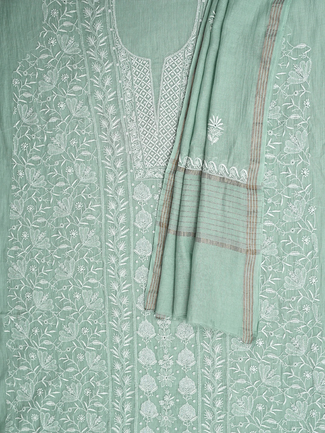Ada Hand Embroidered Sea Green Chanderi Lucknowi Chikankari Unstitched Kurta Dupatta Set With Cutdana Work 01A934925