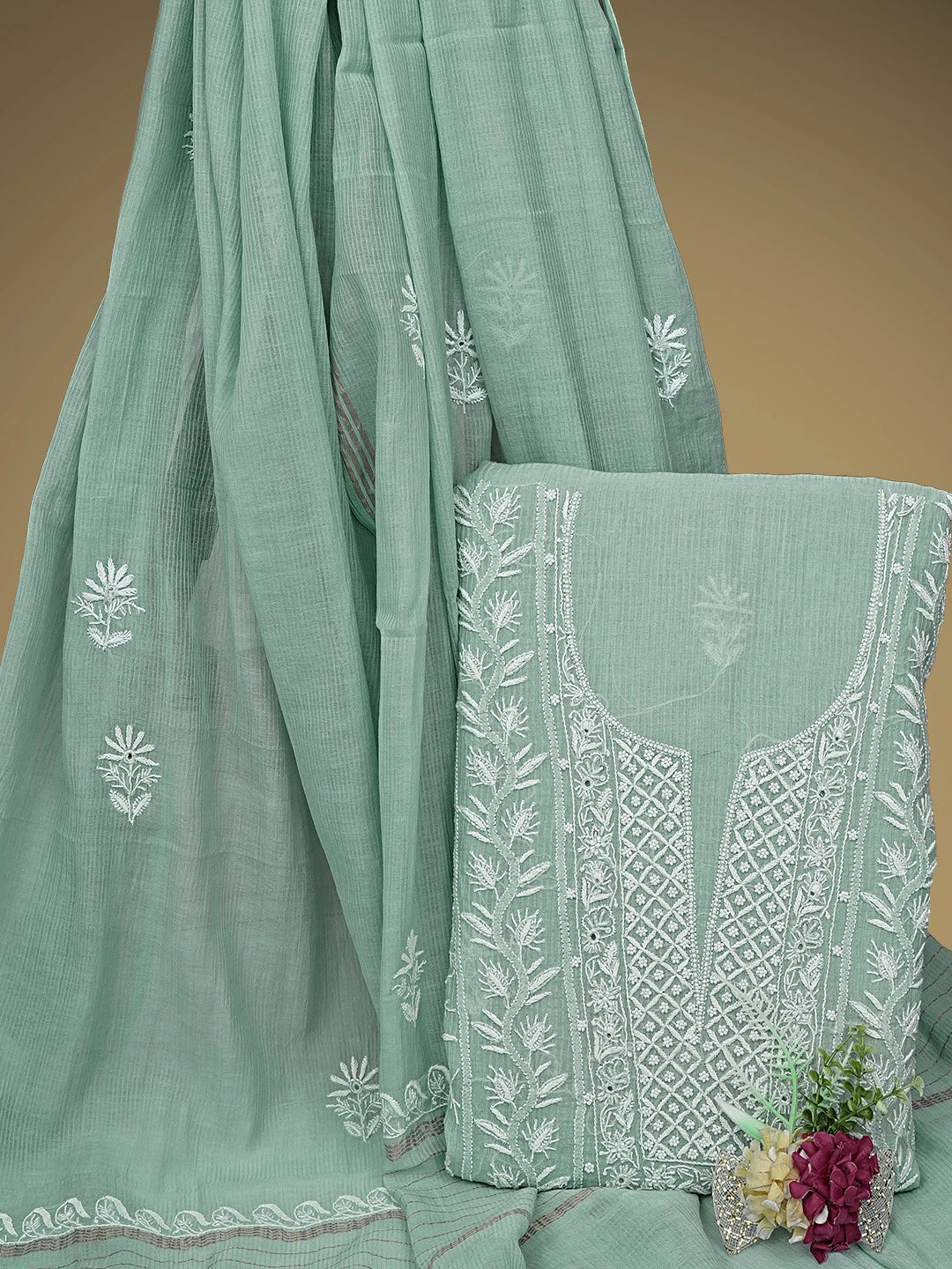 Ada Hand Embroidered Sea Green Chanderi Lucknowi Chikankari Unstitched Kurta Dupatta Set With Cutdana Work 01A934925