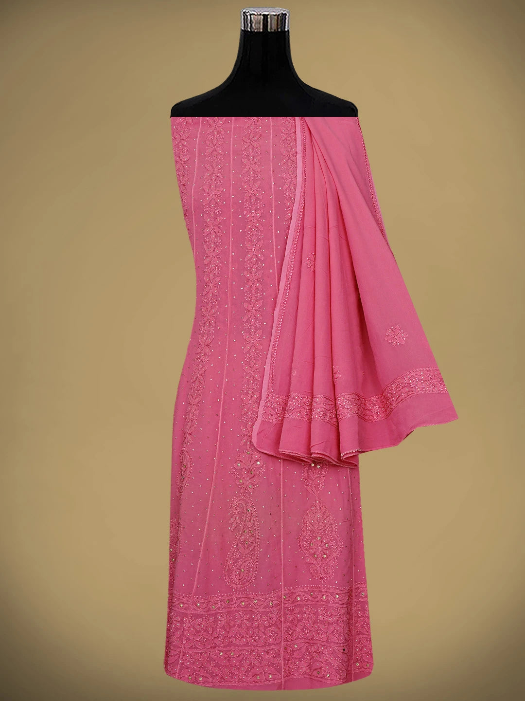 Ada Hand Embroidered Pink Viscose Georgette Lucknowi Chikankari Semi-Stitched Anarkali Kurta Dupatta Set With Muqaish/Mukaish Work 01A879115