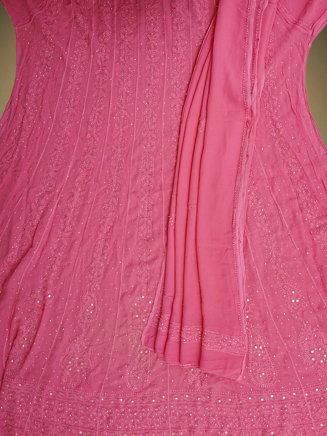 Ada Hand Embroidered Pink Viscose Georgette Lucknowi Chikankari Semi-Stitched Anarkali Kurta Dupatta Set With Muqaish/Mukaish Work 01A879115