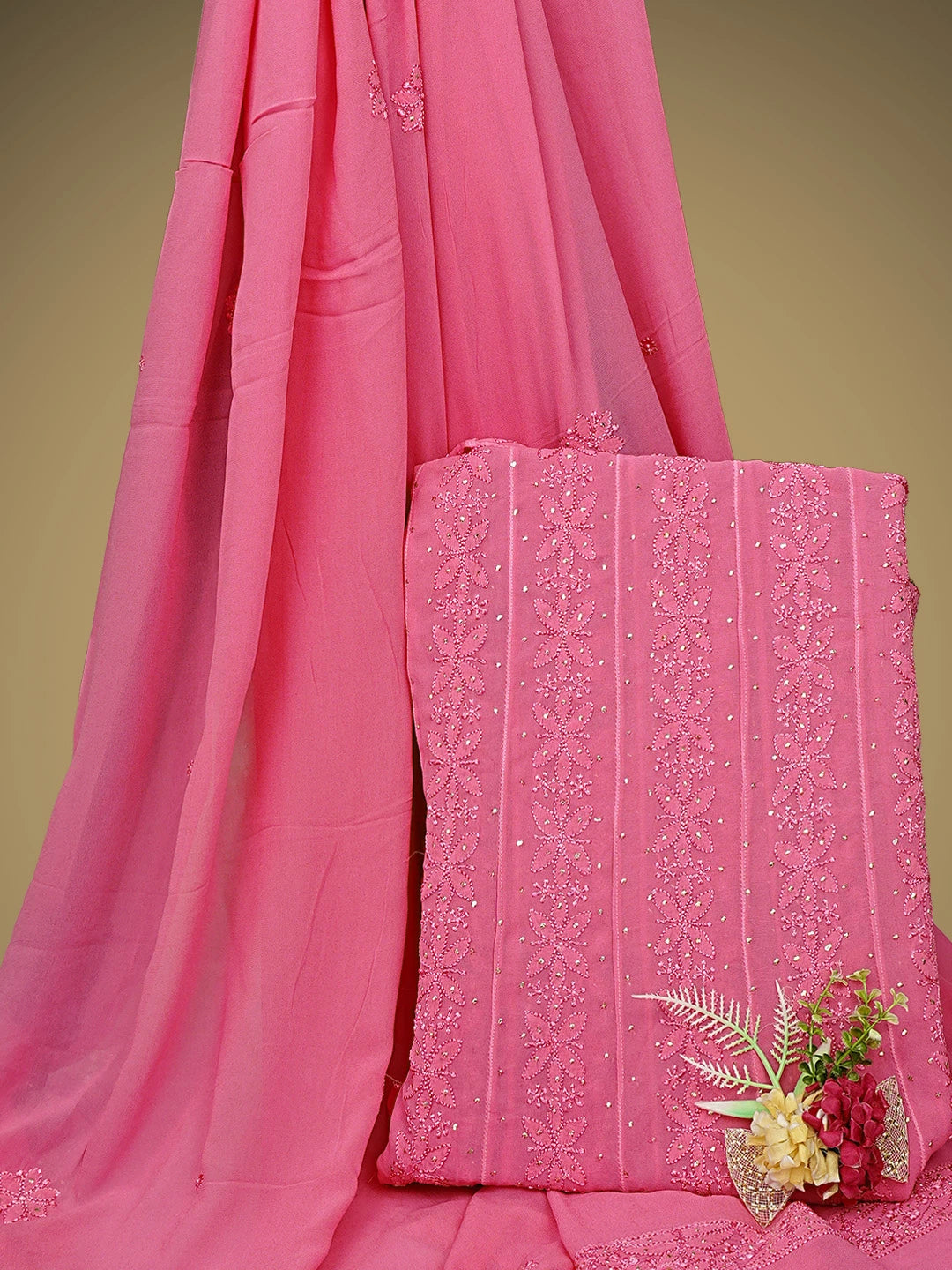 Ada Hand Embroidered Pink Viscose Georgette Lucknowi Chikankari Semi-Stitched Anarkali Kurta Dupatta Set With Muqaish/Mukaish Work 01A879115