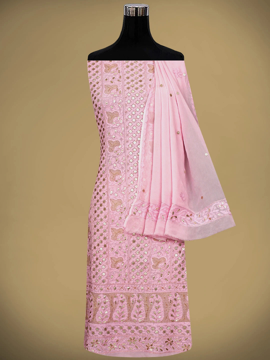 Ada Hand Embroidered Pink Viscose Georgette Lucknowi Chikankari Unstitched Kurta Dupatta Set With GotaPatti Work 01A933461