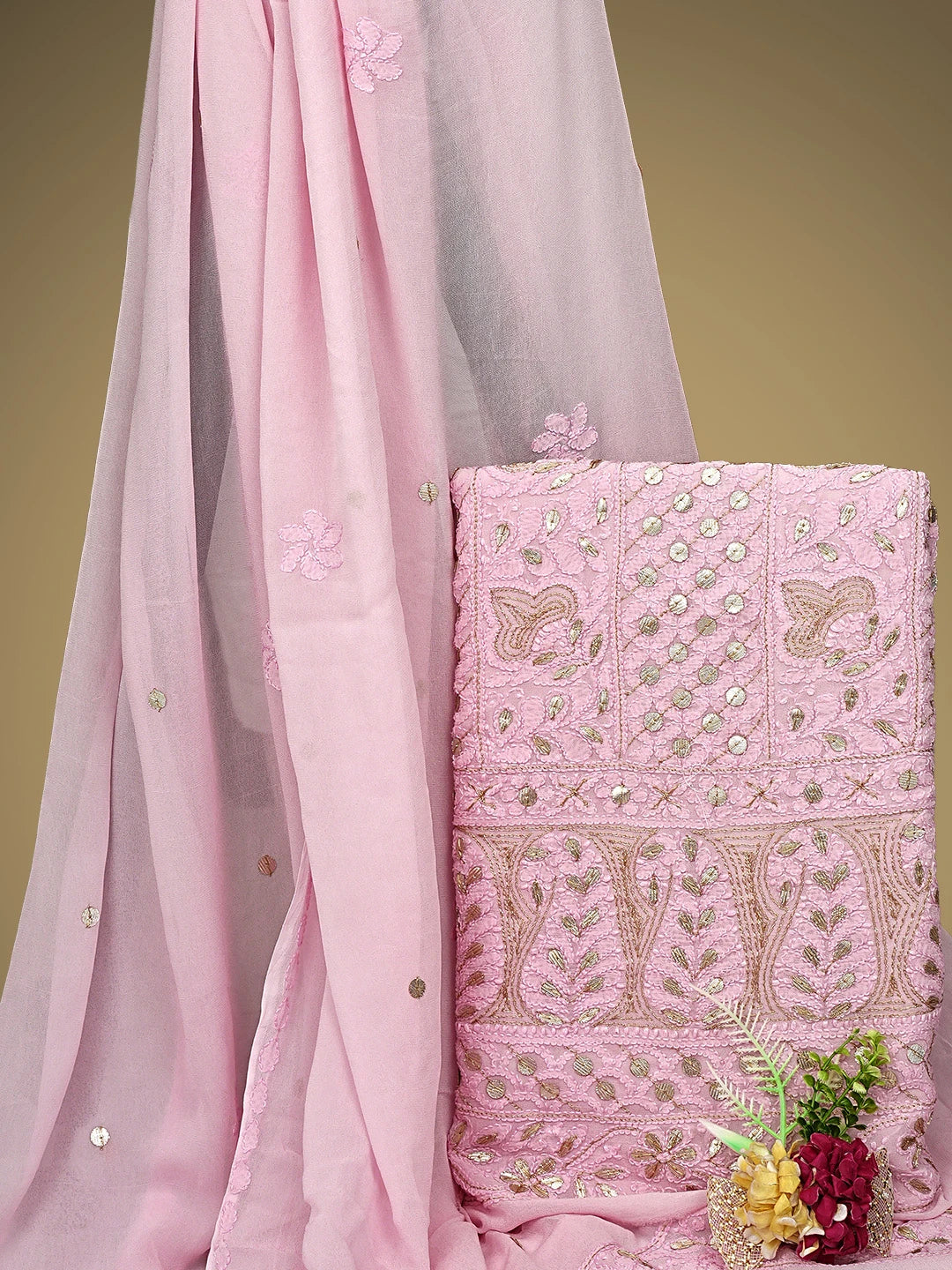 Ada Hand Embroidered Pink Viscose Georgette Lucknowi Chikankari Unstitched Kurta Dupatta Set With GotaPatti Work 01A933461