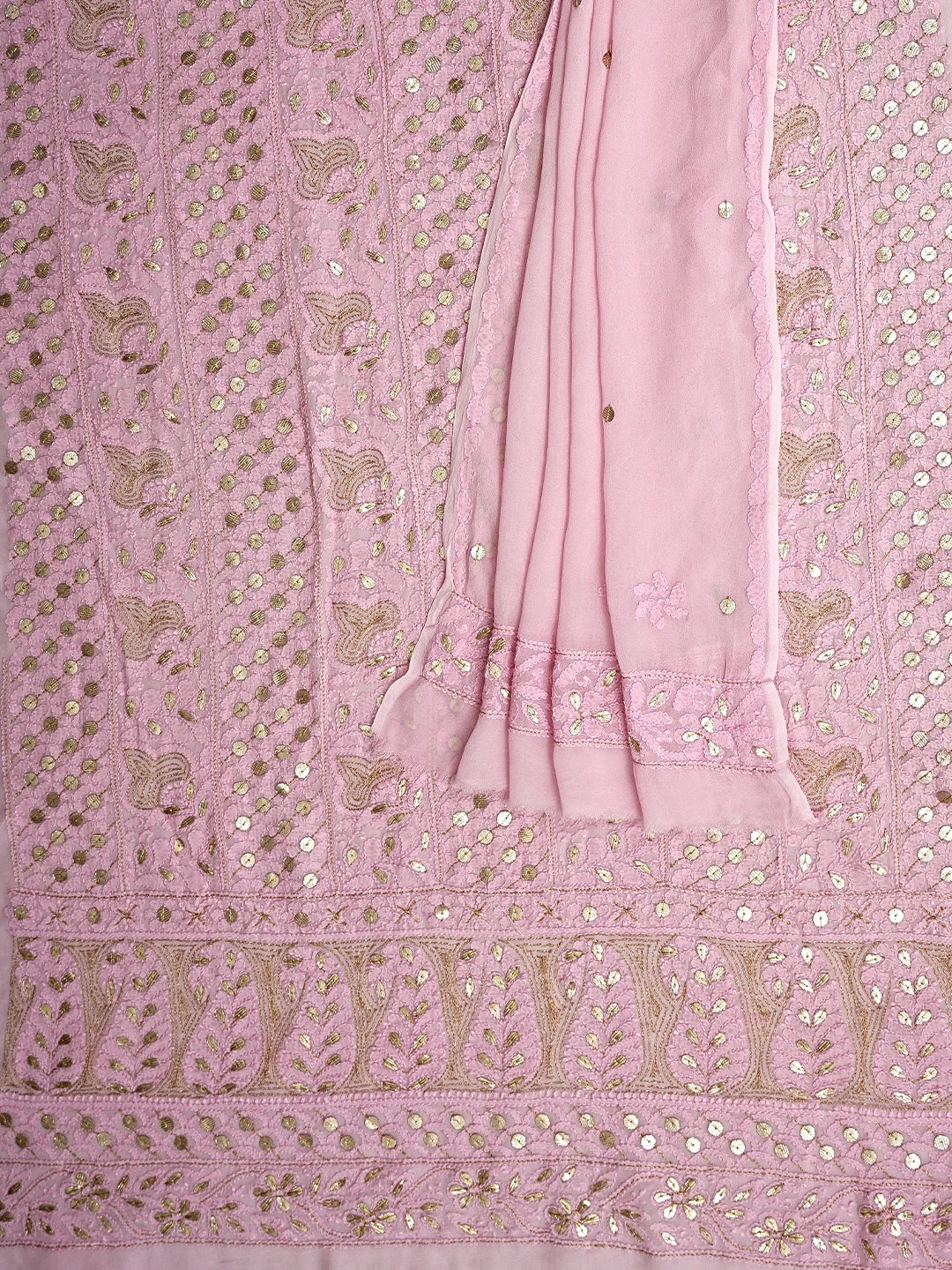 Ada Hand Embroidered Pink Viscose Georgette Lucknowi Chikankari Unstitched Kurta Dupatta Set With GotaPatti Work 01A933461
