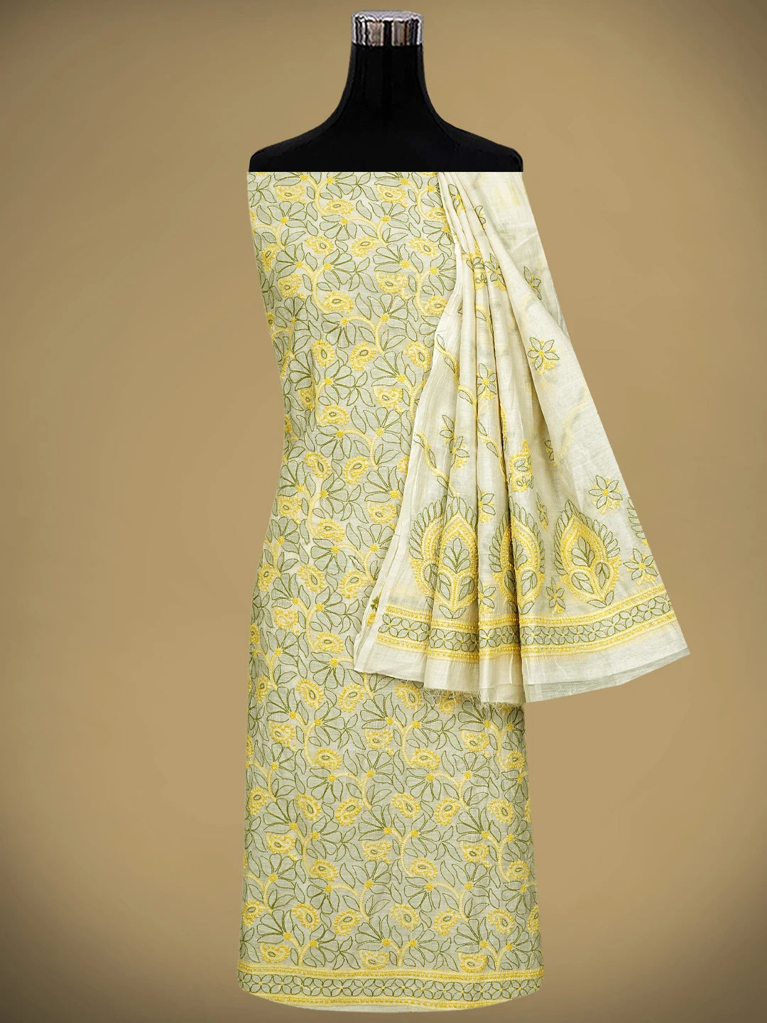 Ada Hand Embroidered White Cornsilk Chanderi Lucknowi Chikankari Unstitched Kurta Dupatta Set 01A920924