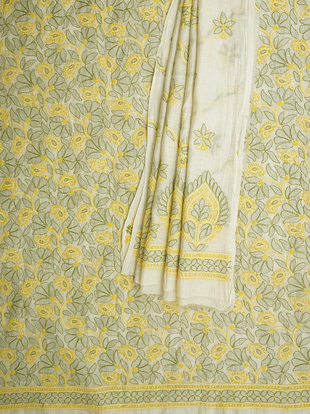 Ada Hand Embroidered White Cornsilk Chanderi Lucknowi Chikankari Unstitched Kurta Dupatta Set 01A920924