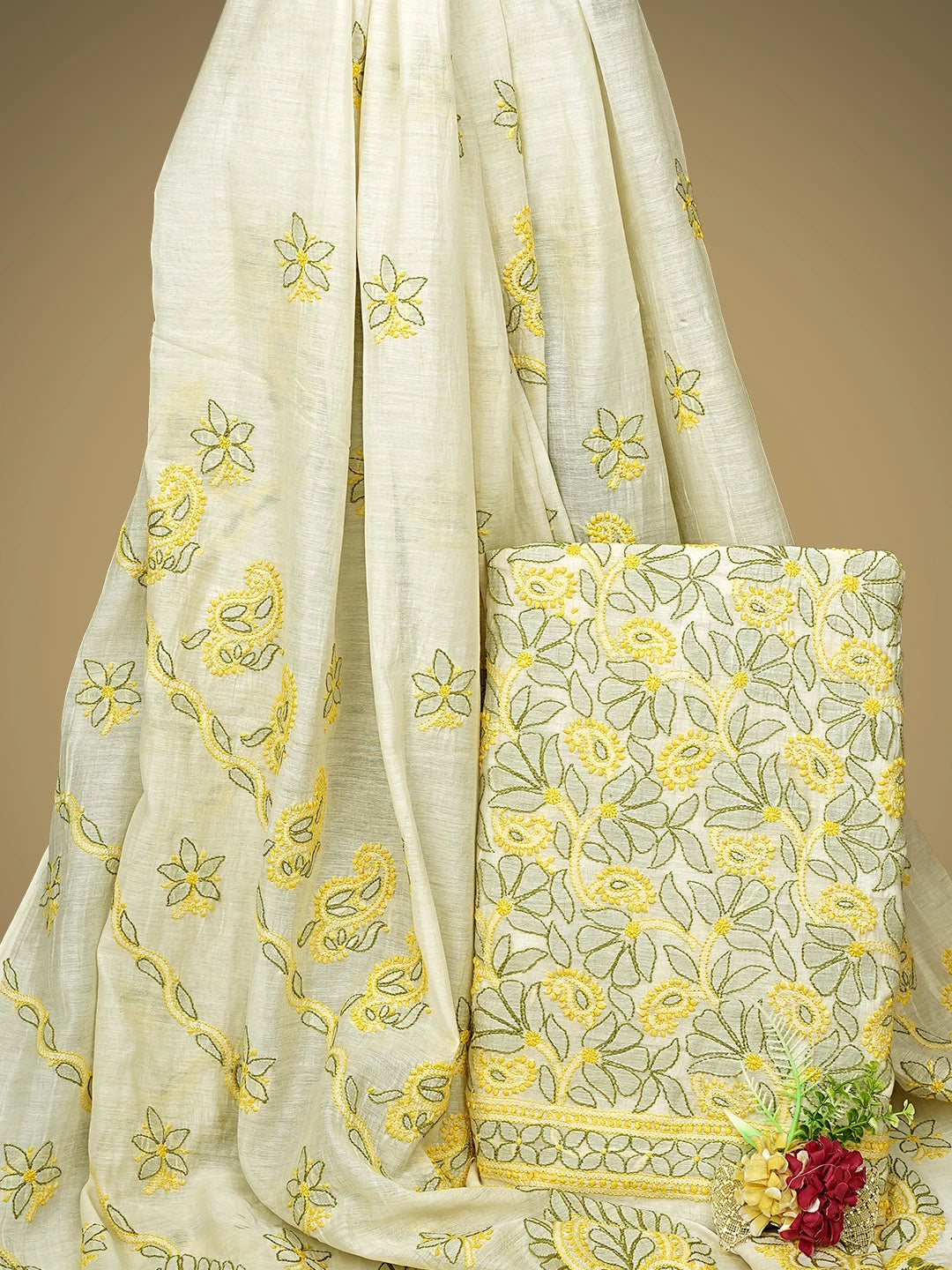 Ada Hand Embroidered White Cornsilk Chanderi Lucknowi Chikankari Unstitched Kurta Dupatta Set 01A920924