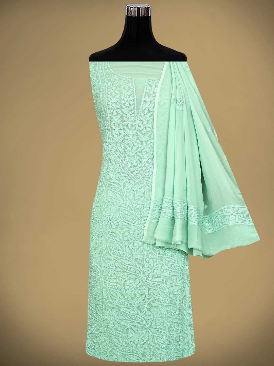 Ada Hand Embroidered Sea Green Viscose Georgette Lucknowi Chikankari Unstitched Kurta Dupatta Set With Pearl Work 01A933509