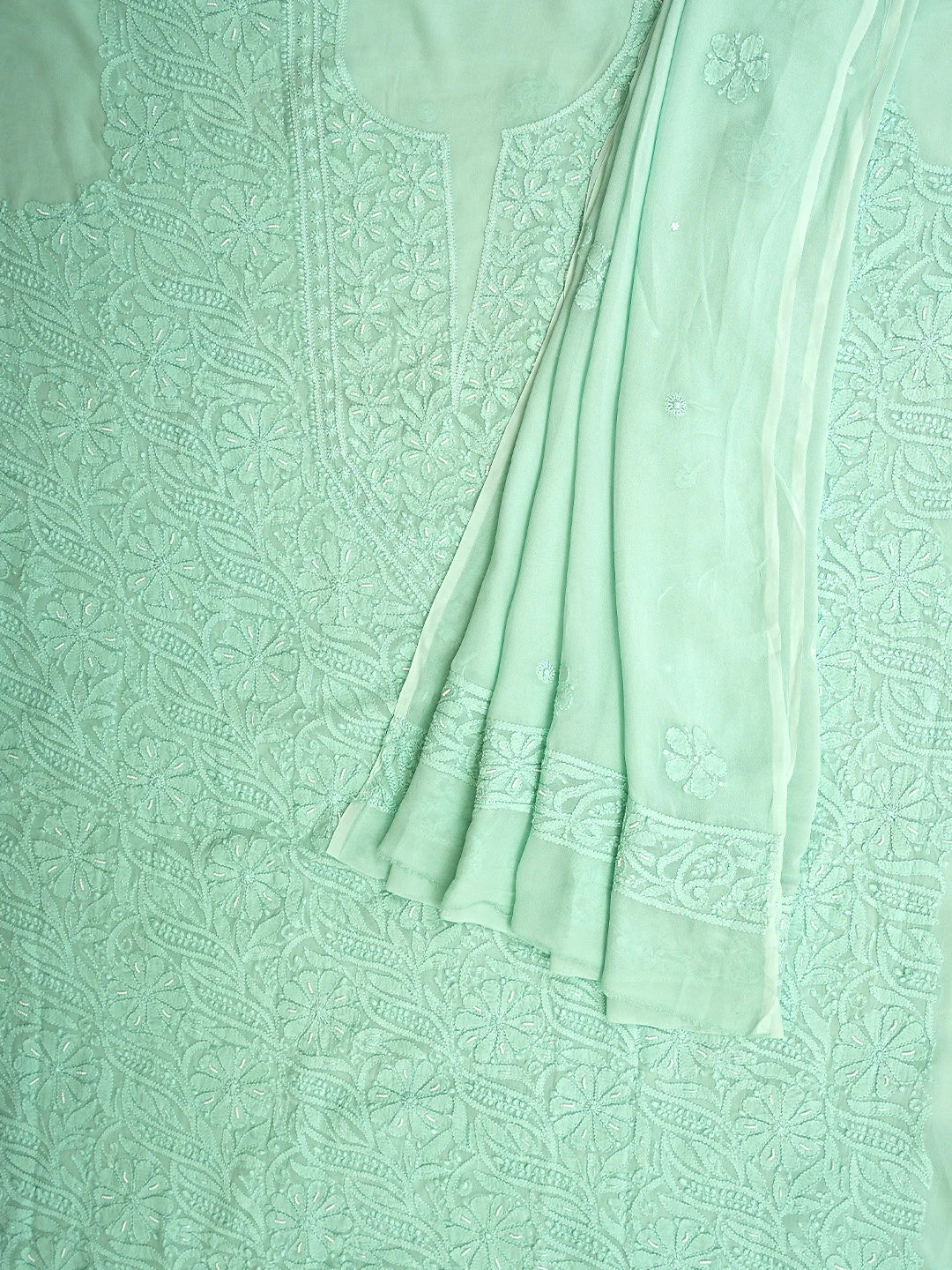Ada Hand Embroidered Sea Green Viscose Georgette Lucknowi Chikankari Unstitched Kurta Dupatta Set With Pearl Work 01A933509