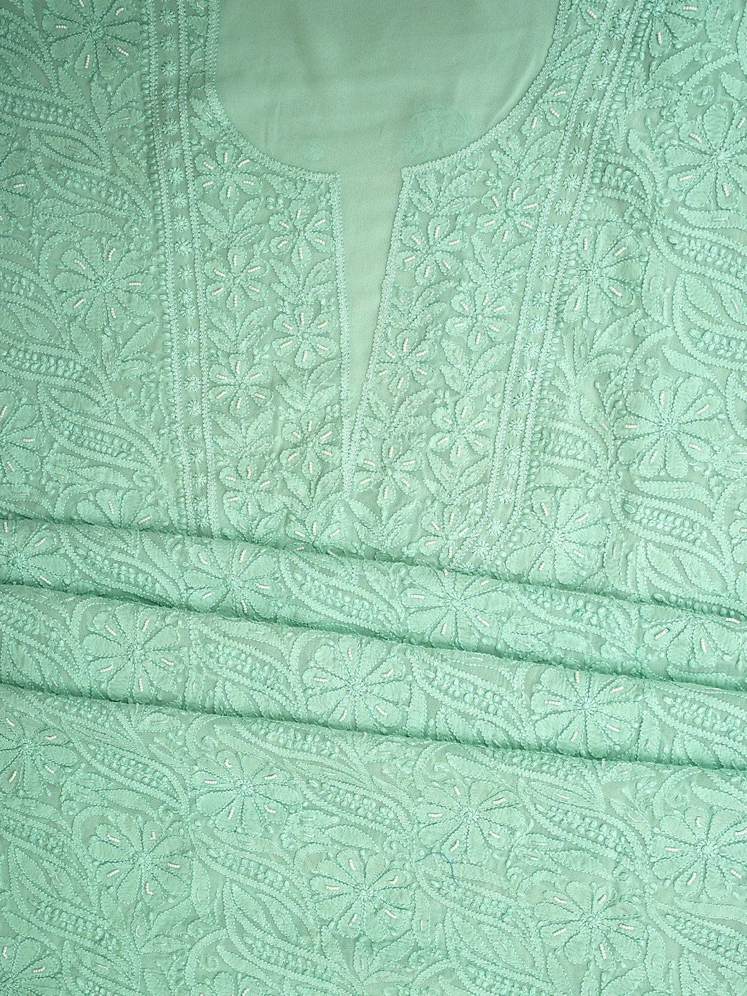 Ada Hand Embroidered Sea Green Viscose Georgette Lucknowi Chikankari Unstitched Kurta Dupatta Set With Pearl Work 01A933509
