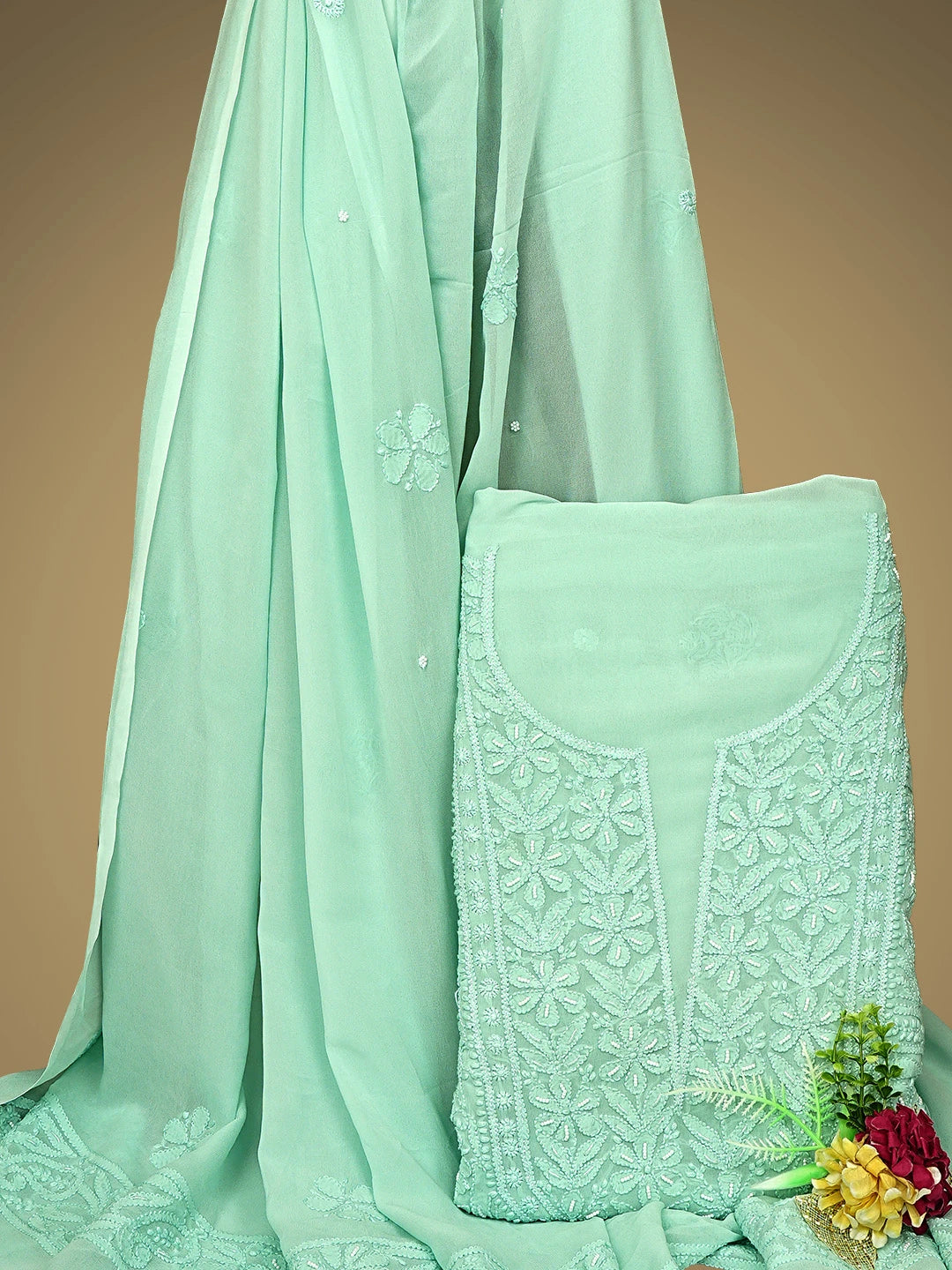 Ada Hand Embroidered Sea Green Viscose Georgette Lucknowi Chikankari Unstitched Kurta Dupatta Set With Pearl Work 01A933509
