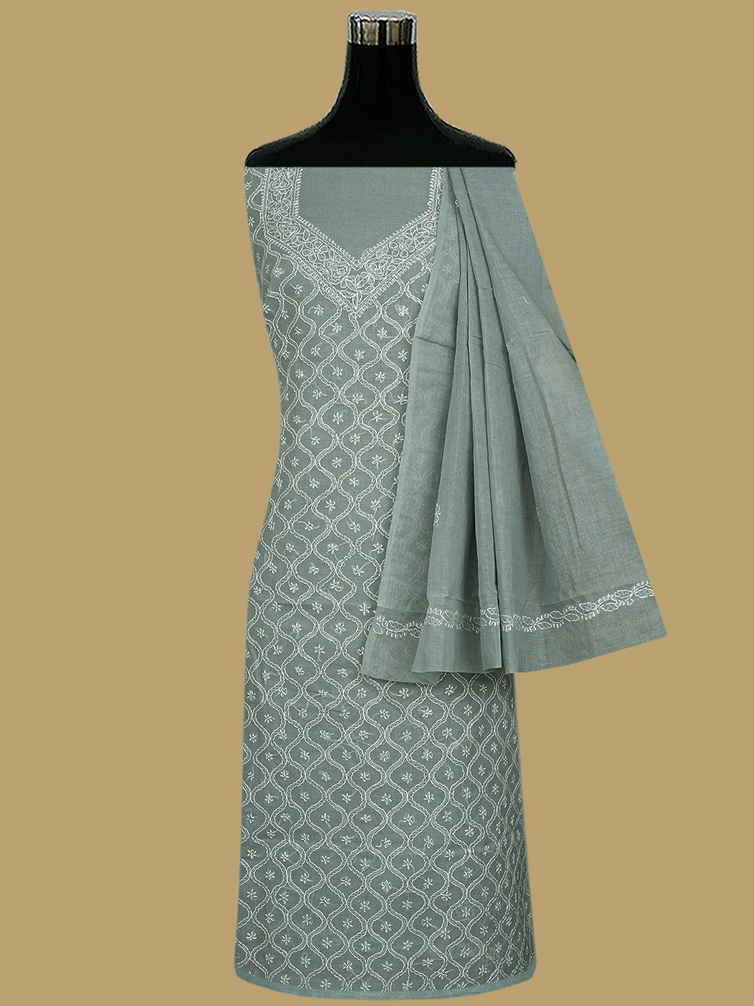 Ada Hand Embroidered Grey Cotton Lucknowi Chikankari Unstitched Suit Piece 01A854937