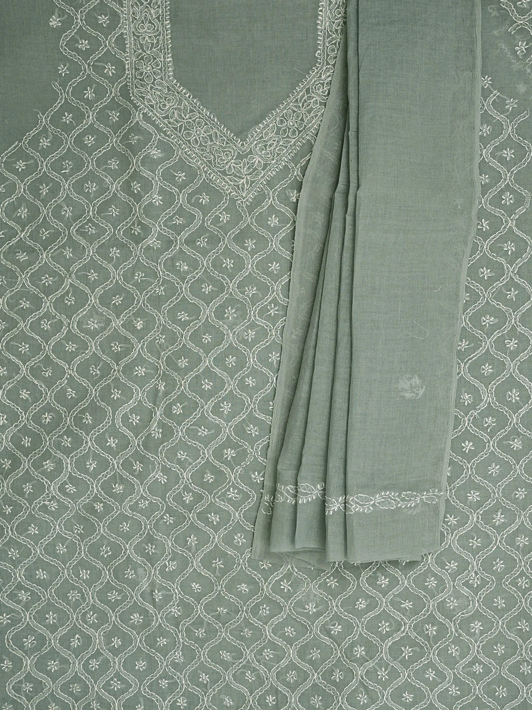 Ada Hand Embroidered Grey Cotton Lucknowi Chikankari Unstitched Suit Piece 01A854937
