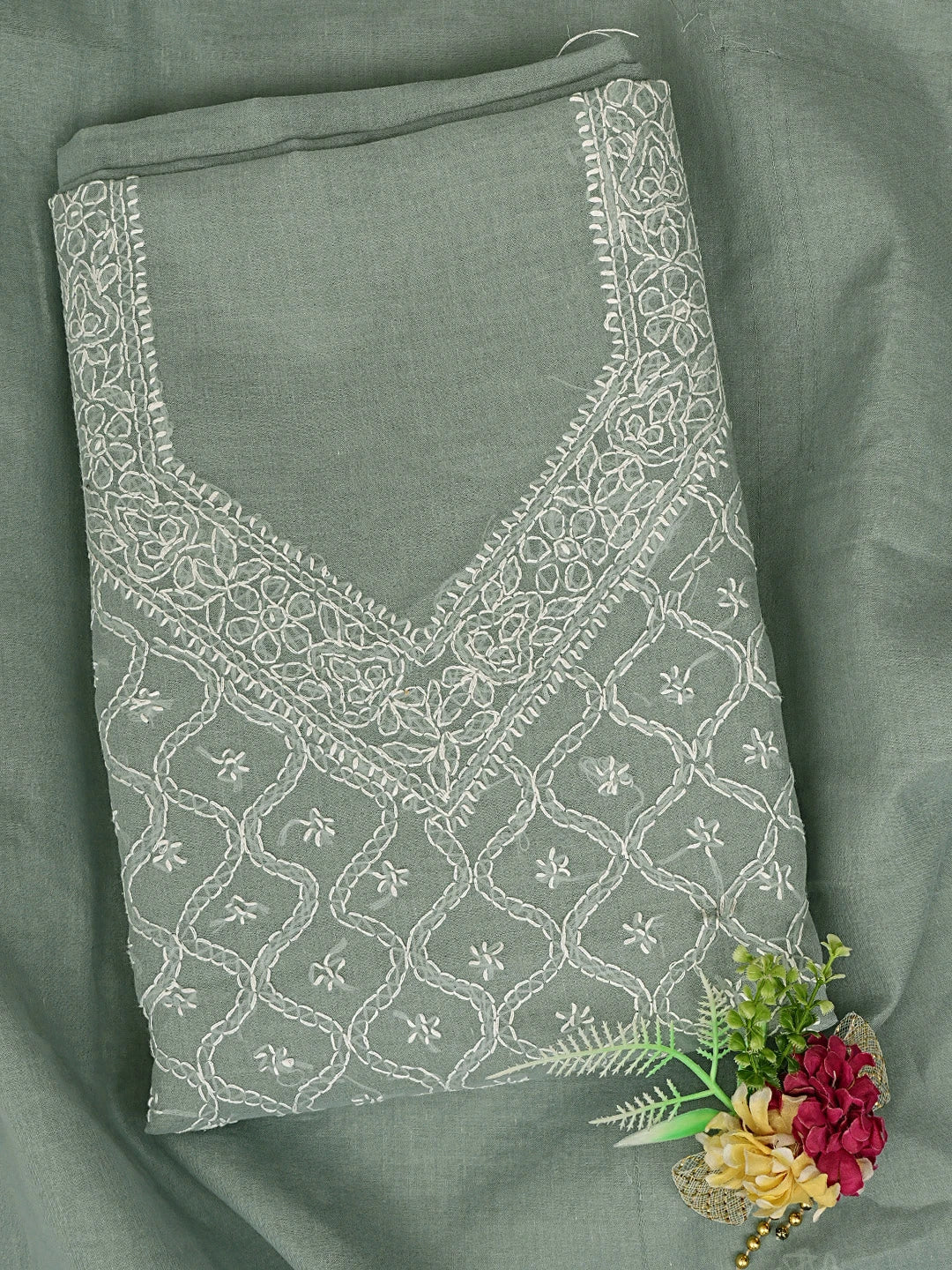Ada Hand Embroidered Grey Cotton Lucknowi Chikankari Unstitched Suit Piece 01A854937