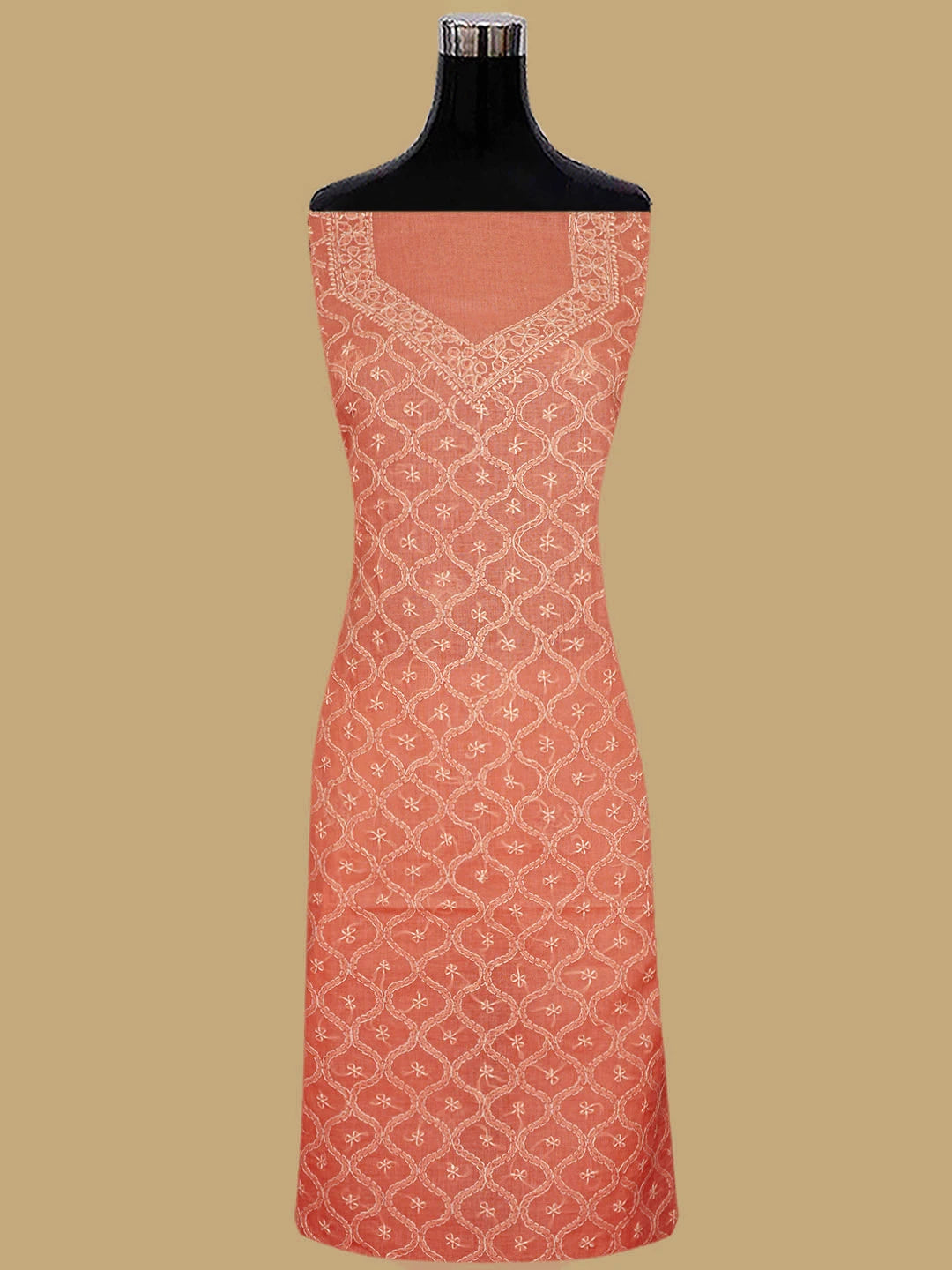 Ada Hand Embroidered Peach Cotton Lucknowi Chikankari Unstitched Suit Piece 01A854939