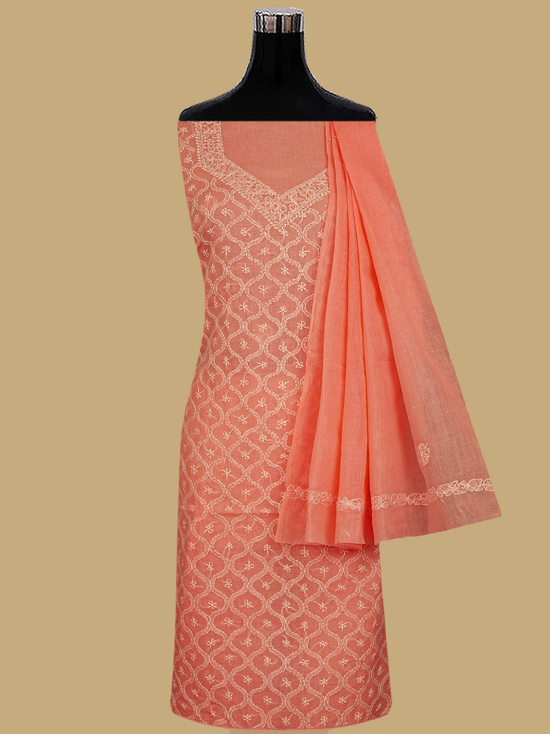 Ada Hand Embroidered Peach Cotton Lucknowi Chikankari Unstitched Suit Piece 01A854939