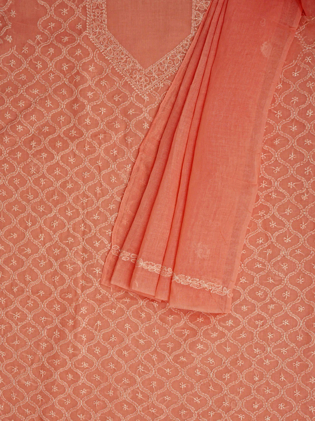 Ada Hand Embroidered Peach Cotton Lucknowi Chikankari Unstitched Suit Piece 01A854939