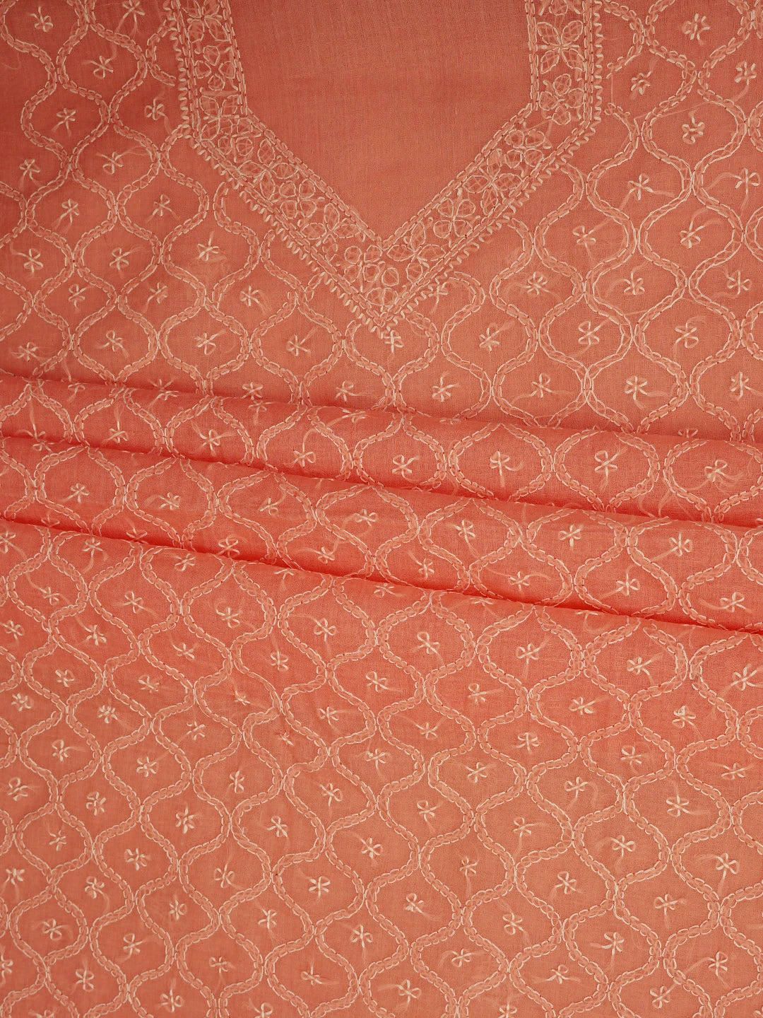 Ada Hand Embroidered Peach Cotton Lucknowi Chikankari Unstitched Suit Piece 01A854939