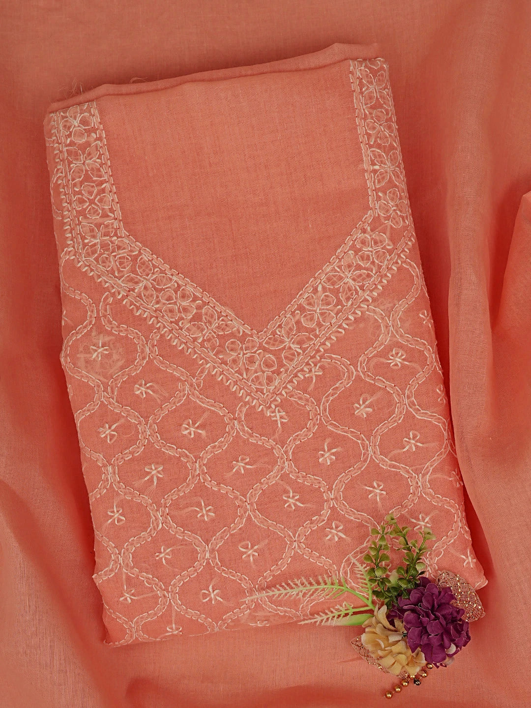 Ada Hand Embroidered Peach Cotton Lucknowi Chikankari Unstitched Suit Piece 01A854939