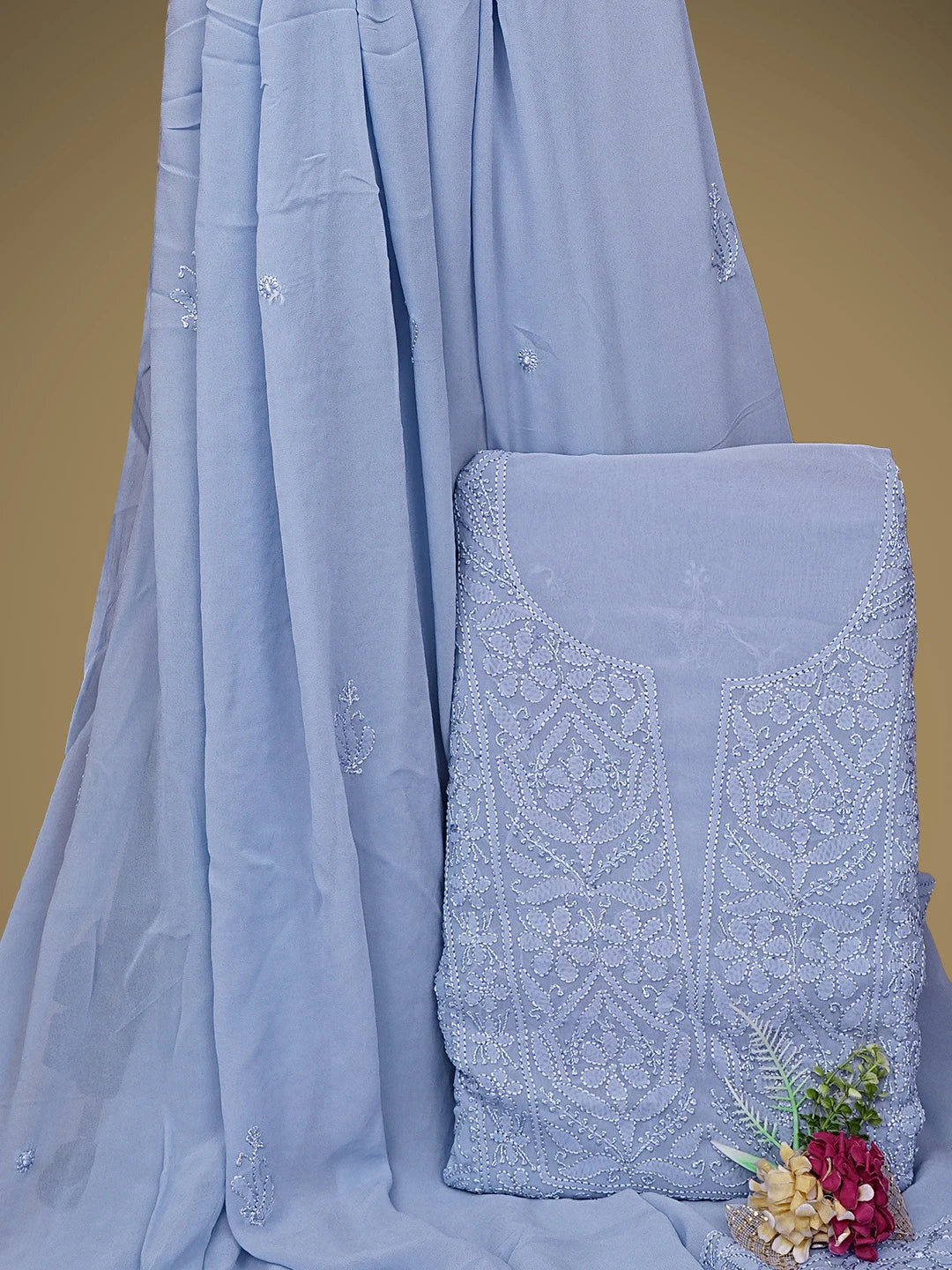 Ada Hand Embroidered Mauve Viscose Georgette Lucknowi Chikankari Unstitched Kurta Dupatta Set 01A933475