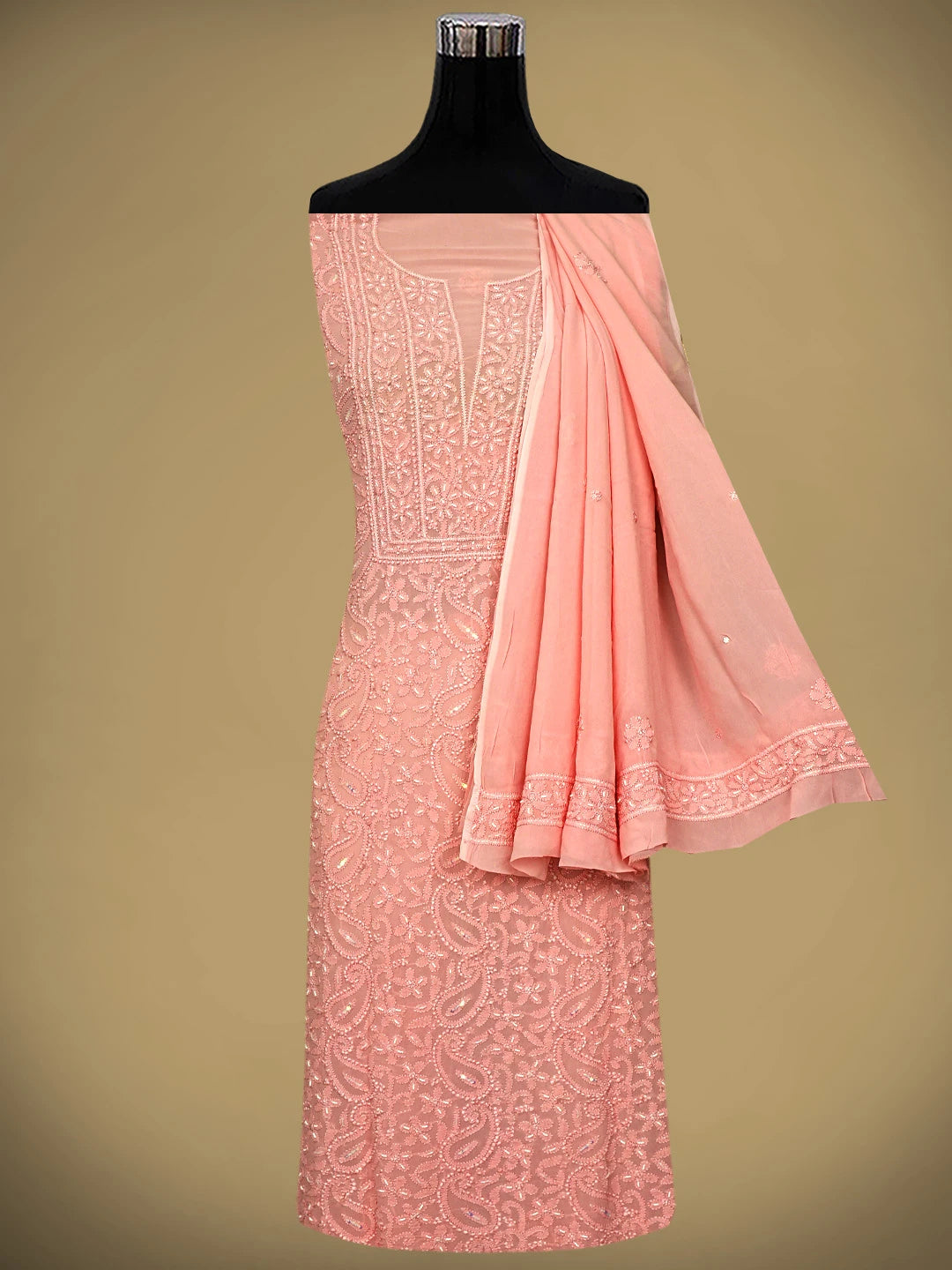 Ada Hand Embroidered Pink Viscose Georgette Lucknowi Chikankari Unstitched Kurta Dupatta Set With Pearl Work 01A933559