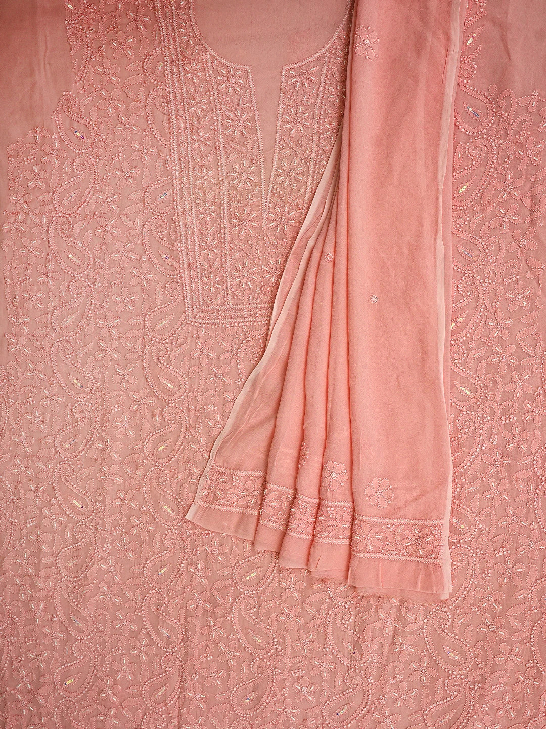 Ada Hand Embroidered Pink Viscose Georgette Lucknowi Chikankari Unstitched Kurta Dupatta Set With Pearl Work 01A933559