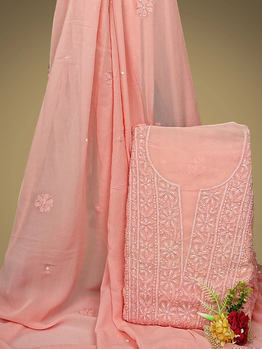Ada Hand Embroidered Pink Viscose Georgette Lucknowi Chikankari Unstitched Kurta Dupatta Set With Pearl Work 01A933559