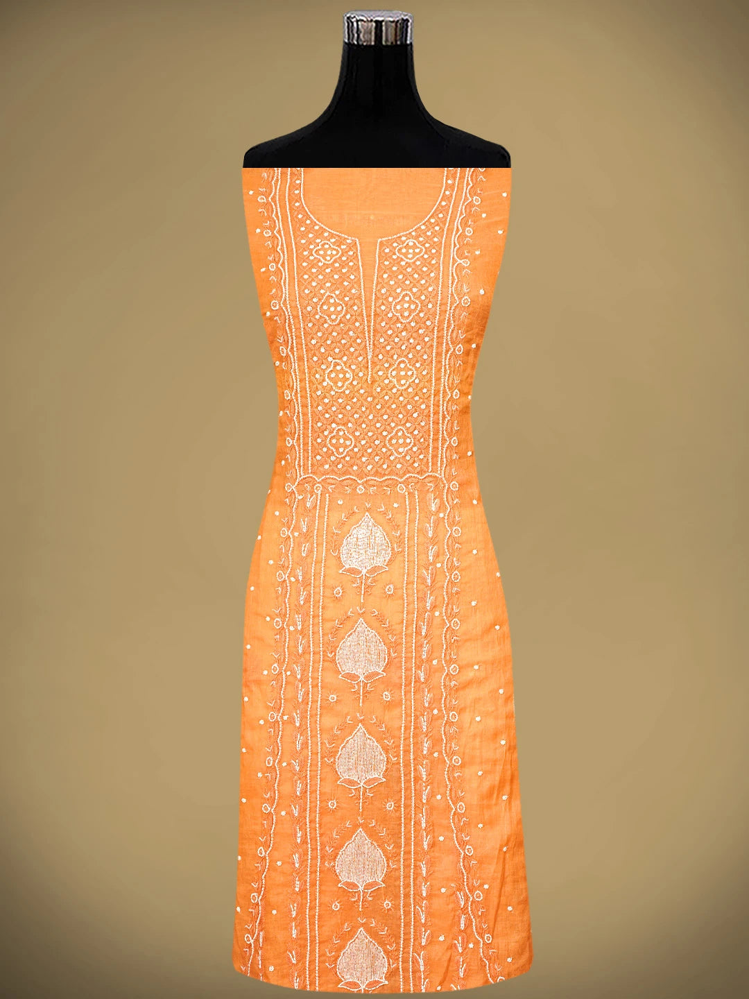 Ada Hand Embroidered Orange Chanderi Lucknowi Chikankari Unstitched Kurta Dupatta Set With Pearl Work 01A911498