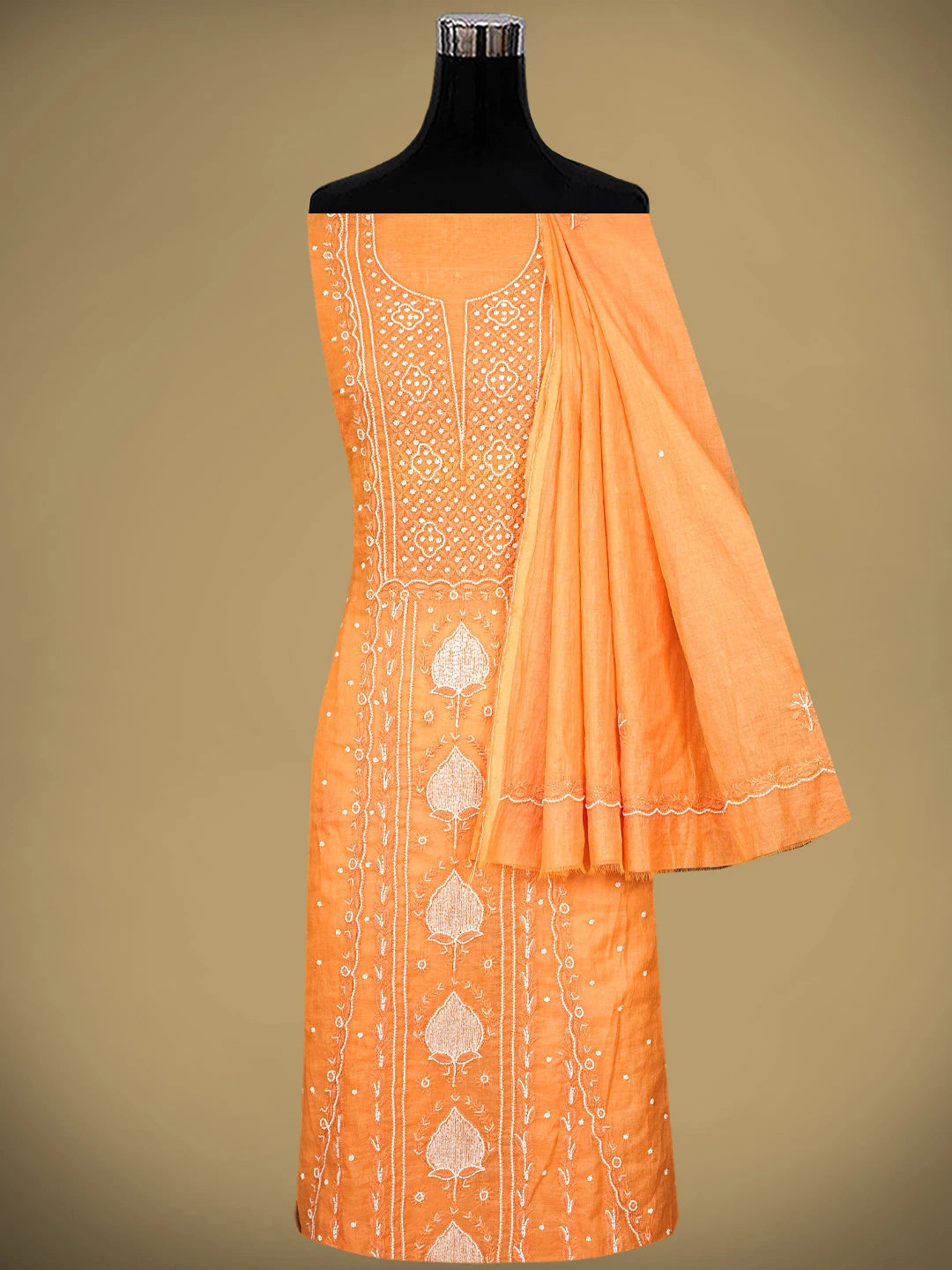 Ada Hand Embroidered Orange Chanderi Lucknowi Chikankari Unstitched Kurta Dupatta Set With Pearl Work 01A911498