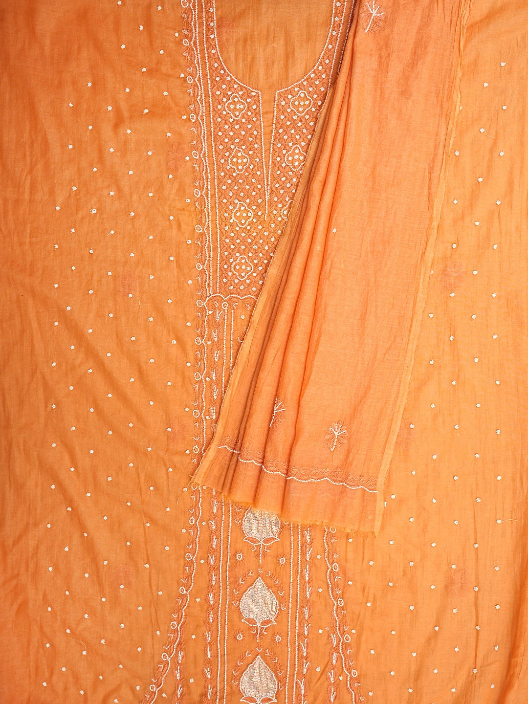 Ada Hand Embroidered Orange Chanderi Lucknowi Chikankari Unstitched Kurta Dupatta Set With Pearl Work 01A911498