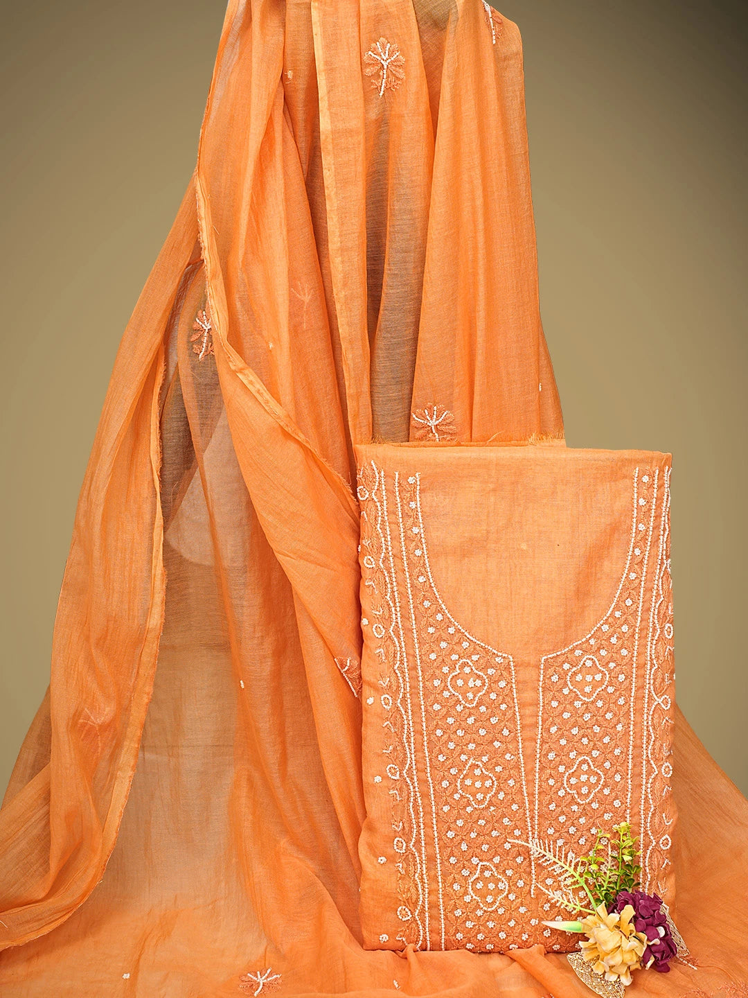Ada Hand Embroidered Orange Chanderi Lucknowi Chikankari Unstitched Kurta Dupatta Set With Pearl Work 01A911498