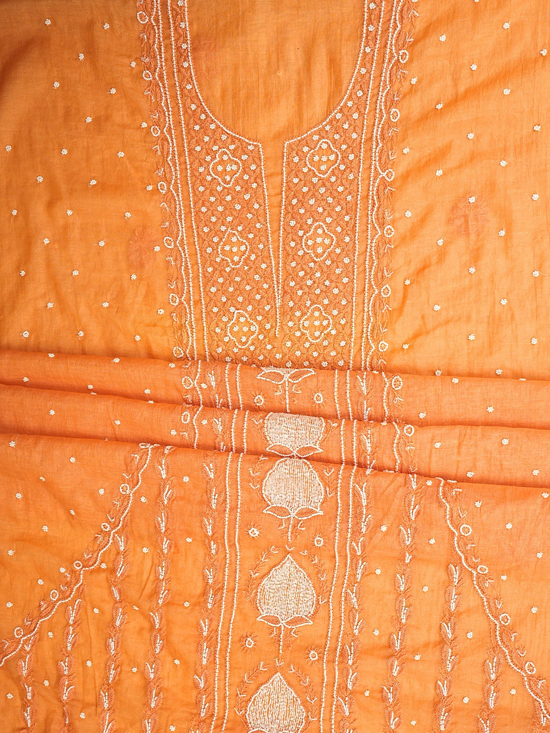 Ada Hand Embroidered Orange Chanderi Lucknowi Chikankari Unstitched Kurta Dupatta Set With Pearl Work 01A911498
