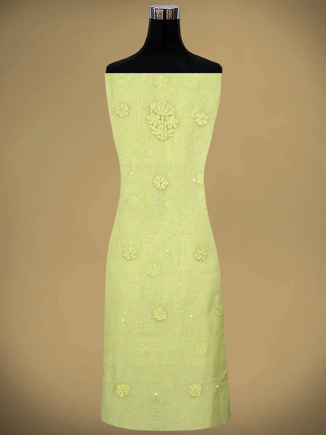 Ada Hand Embroidered Lime Green Organza Lucknowi Chikankari Unstitched Kurta Dupatta Set With Pearl Work 01A850121