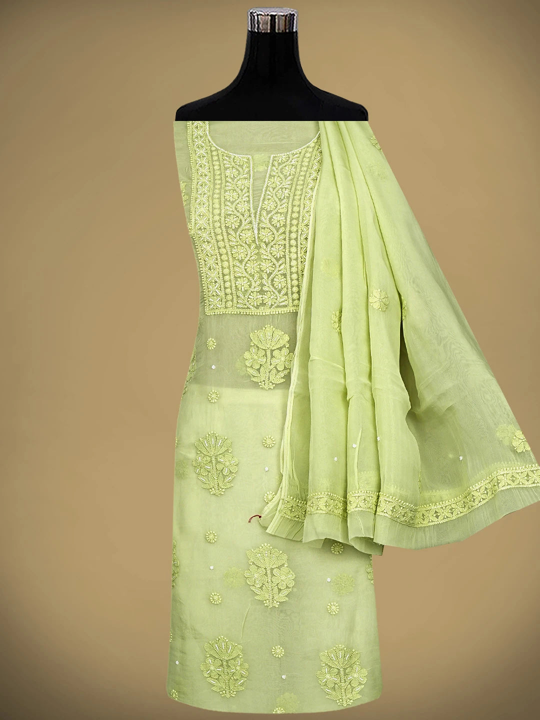 Ada Hand Embroidered Lime Green Organza Lucknowi Chikankari Unstitched Kurta Dupatta Set With Pearl Work 01A850121