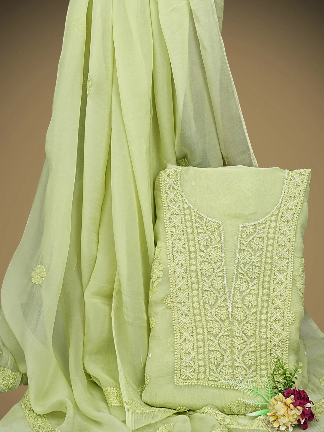 Ada Hand Embroidered Lime Green Organza Lucknowi Chikankari Unstitched Kurta Dupatta Set With Pearl Work 01A850121