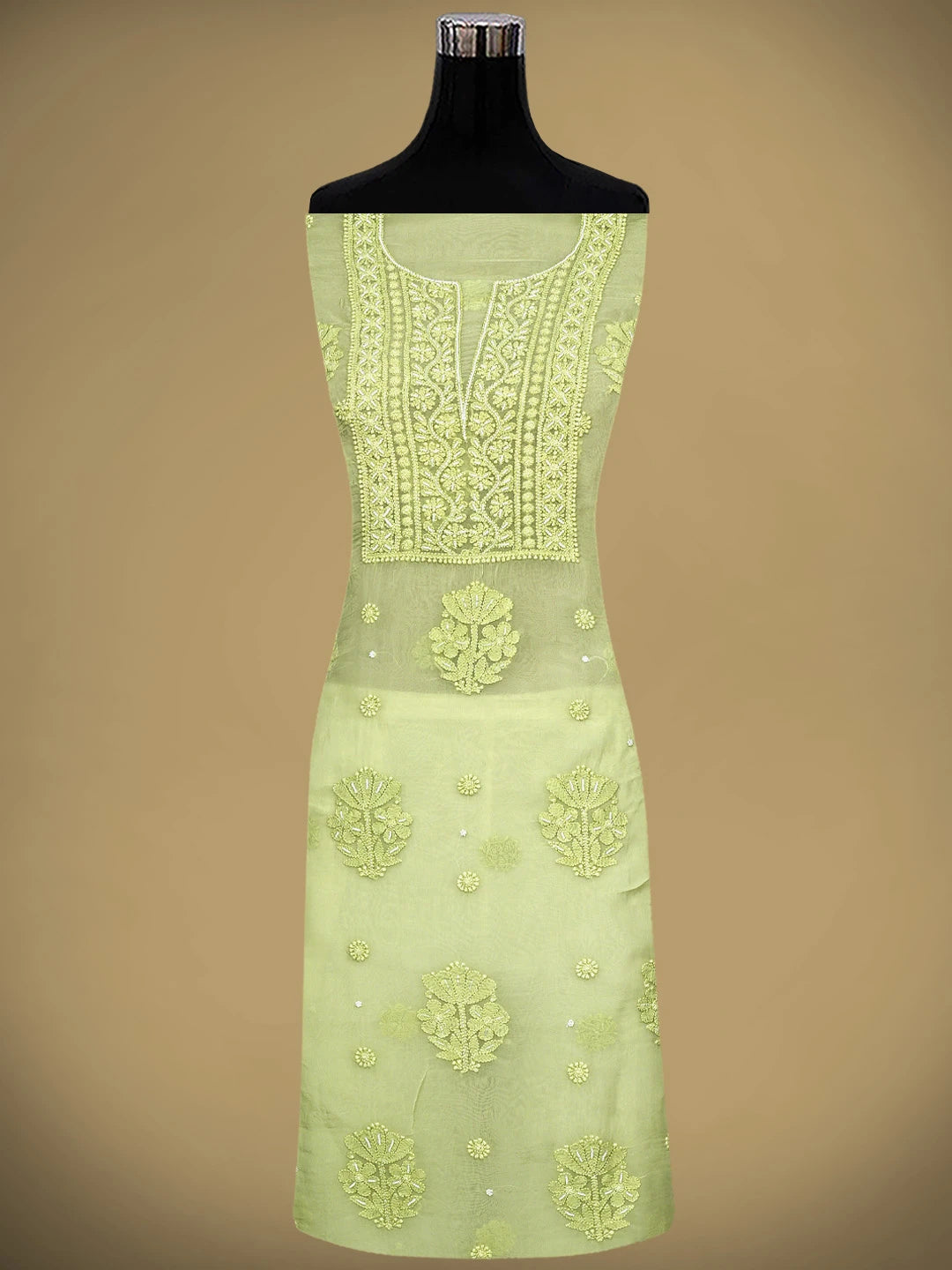 Ada Hand Embroidered Lime Green Organza Lucknowi Chikankari Unstitched Kurta Dupatta Set With Pearl Work 01A850121